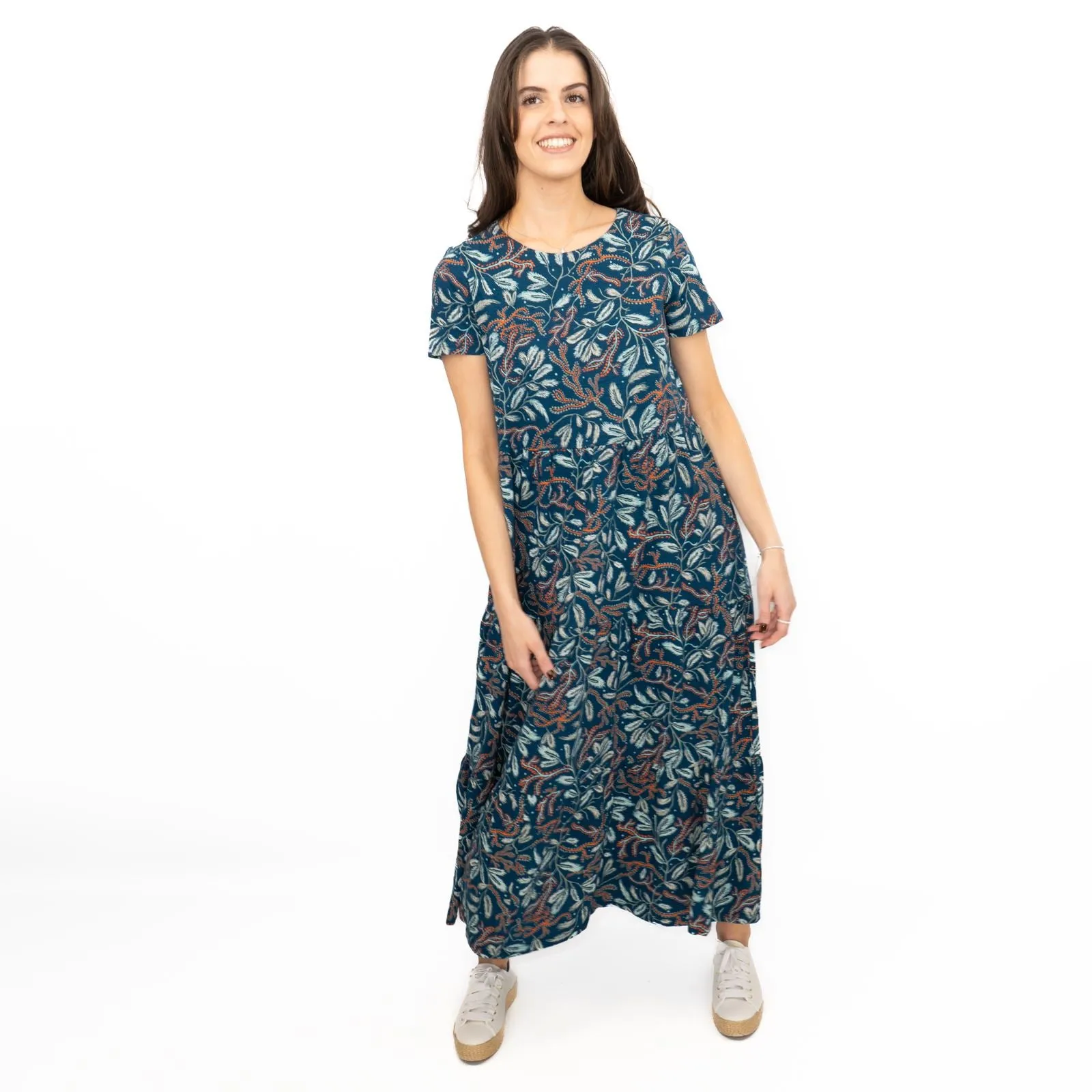 Seasalt Teal Green Line Strokes Floral Short Sleeve Midi Dress