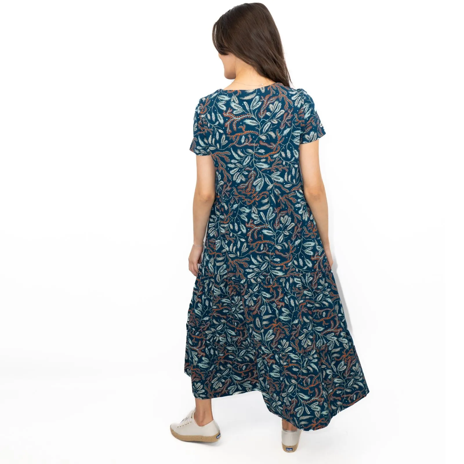 Seasalt Teal Green Line Strokes Floral Short Sleeve Midi Dress