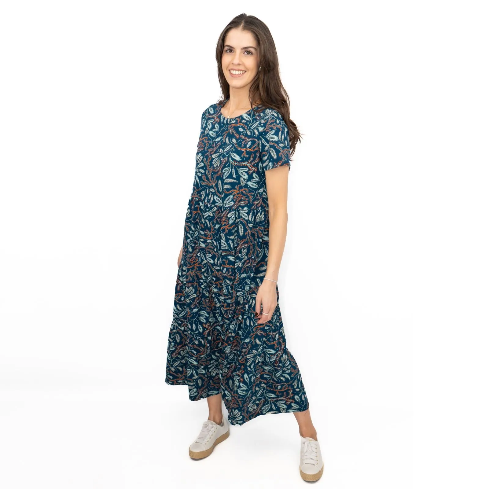 Seasalt Teal Green Line Strokes Floral Short Sleeve Midi Dress