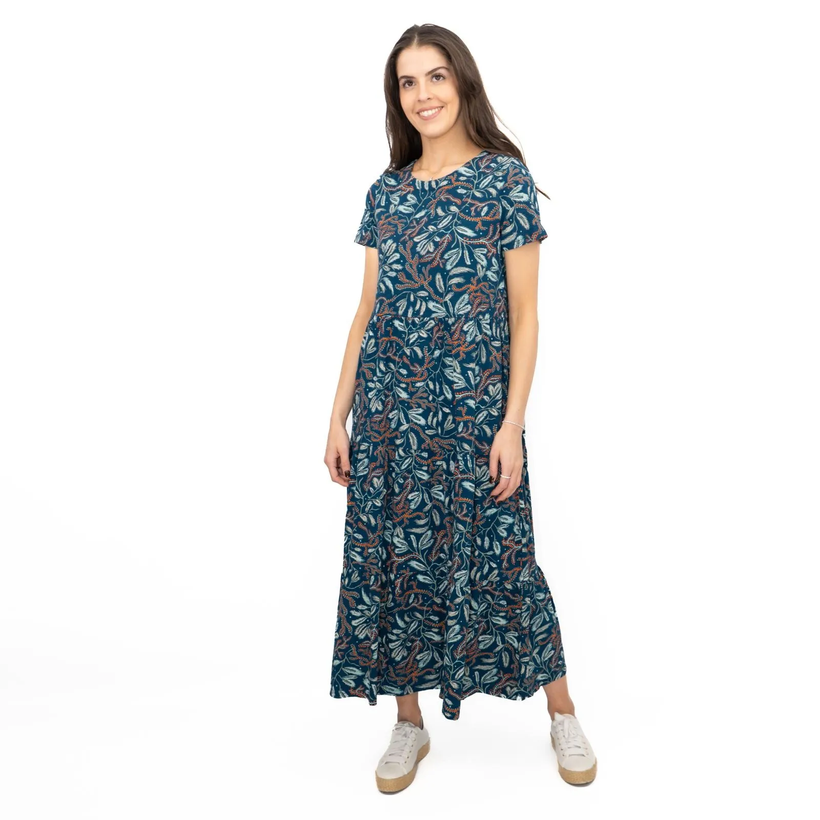 Seasalt Teal Green Line Strokes Floral Short Sleeve Midi Dress