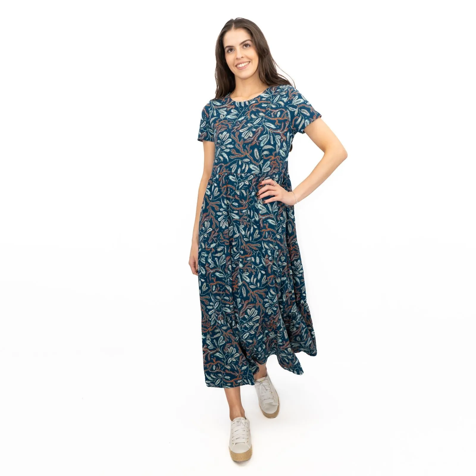 Seasalt Teal Green Line Strokes Floral Short Sleeve Midi Dress