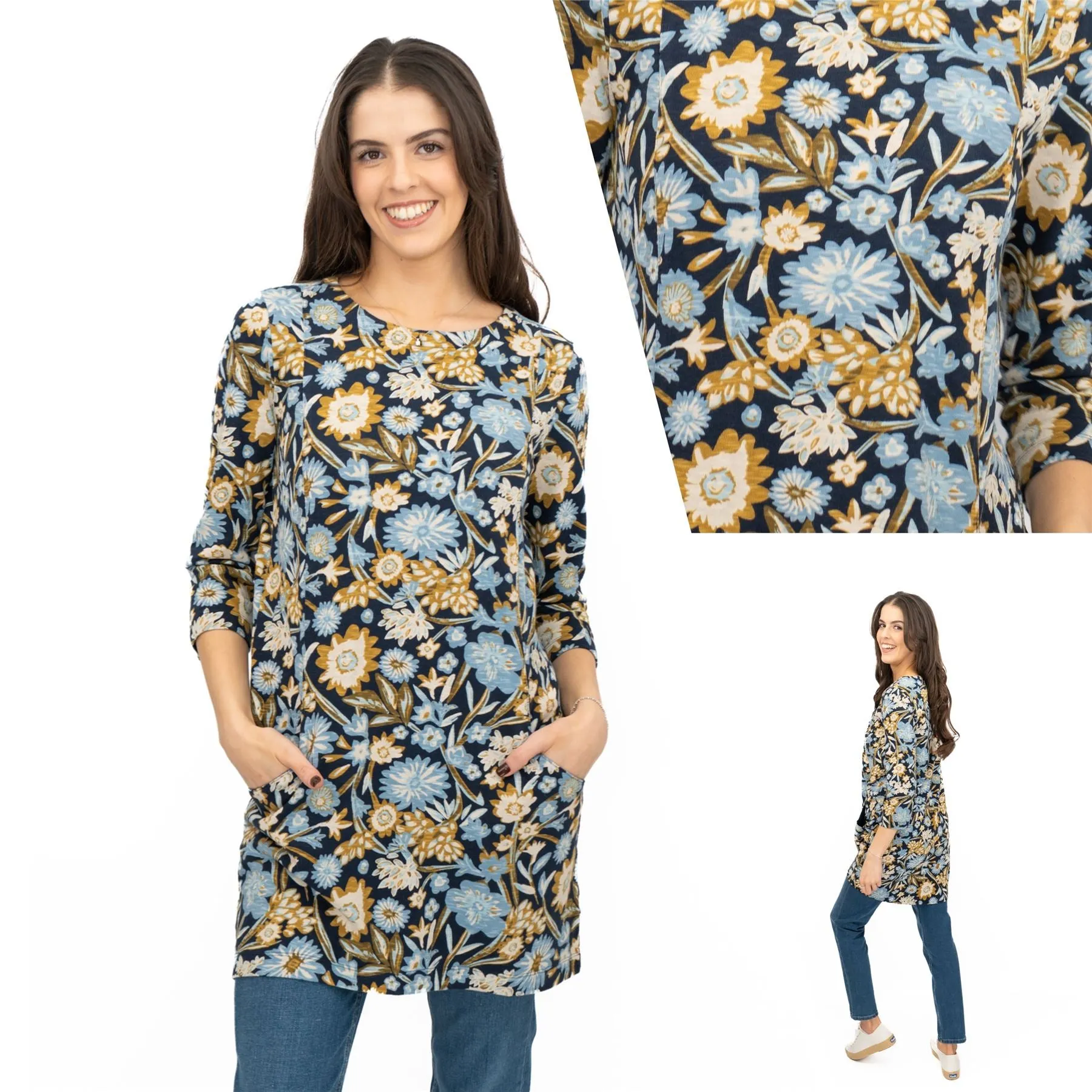 Seasalt Tunic Navy Shore Foraging Longline Top Cotton 3/4 Sleeve