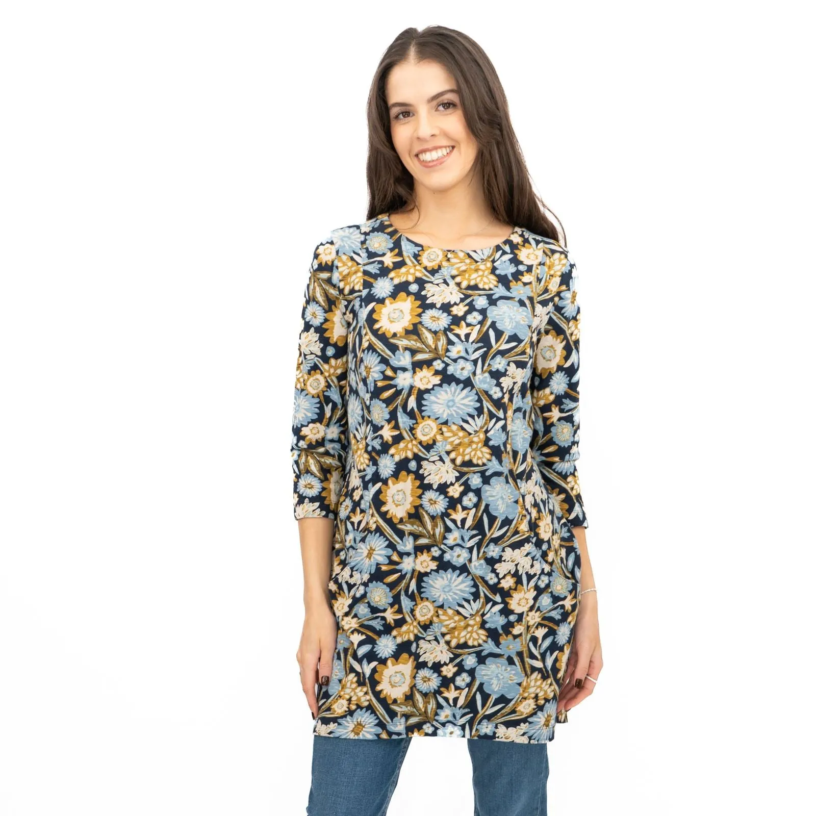 Seasalt Tunic Navy Shore Foraging Longline Top Cotton 3/4 Sleeve
