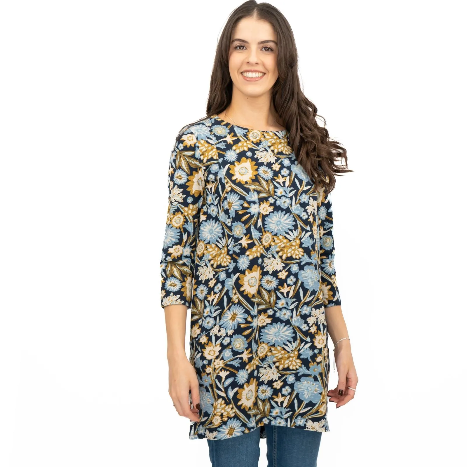 Seasalt Tunic Navy Shore Foraging Longline Top Cotton 3/4 Sleeve