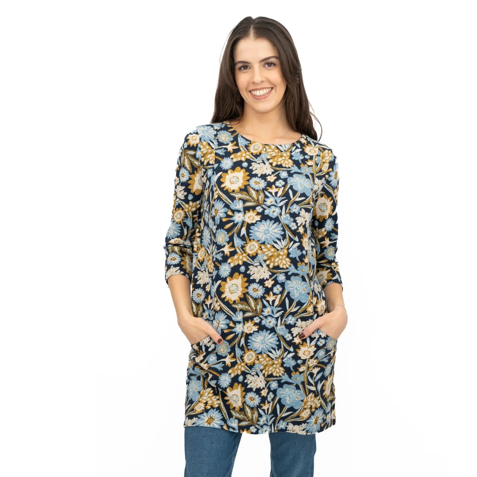 Seasalt Tunic Navy Shore Foraging Longline Top Cotton 3/4 Sleeve