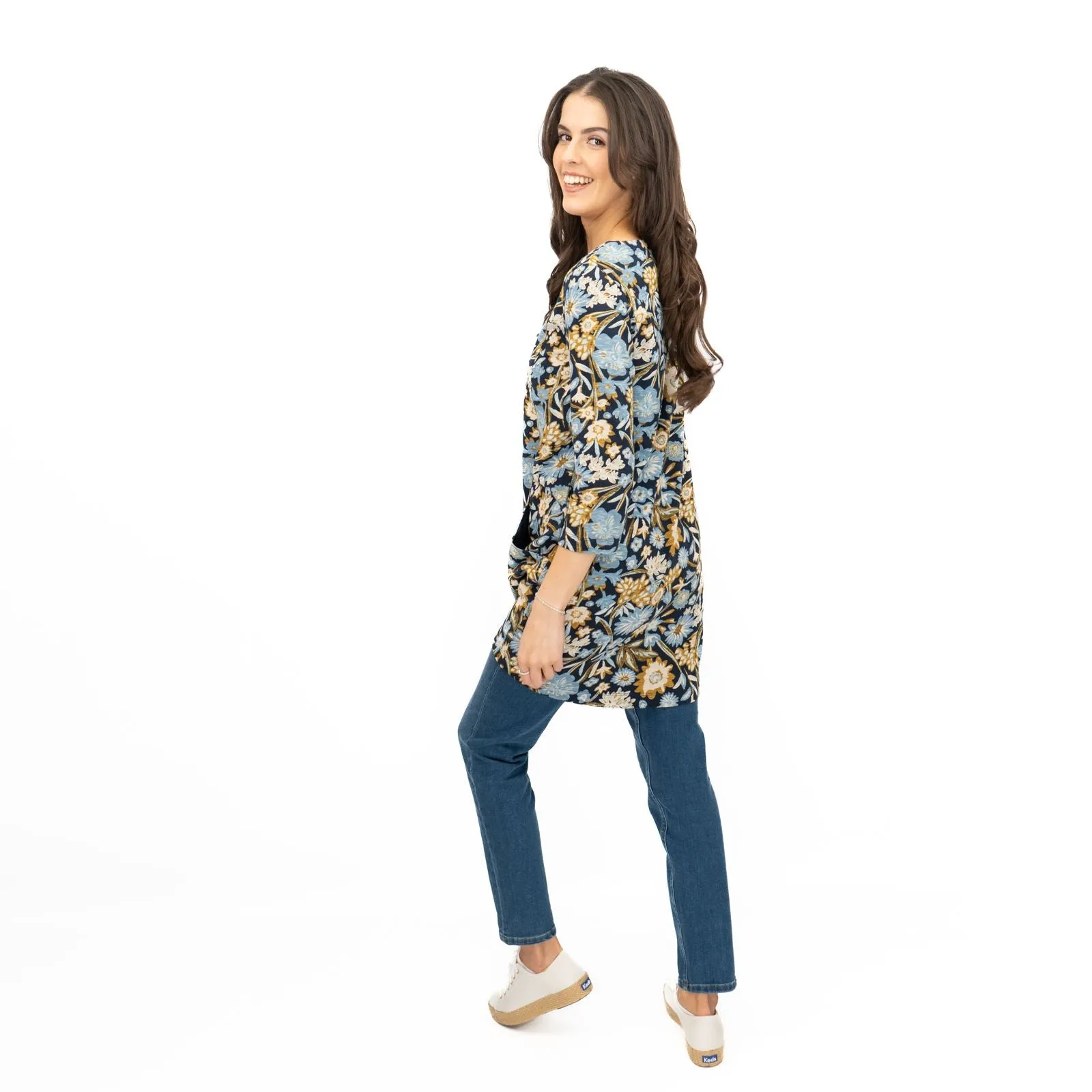 Seasalt Tunic Navy Shore Foraging Longline Top Cotton 3/4 Sleeve