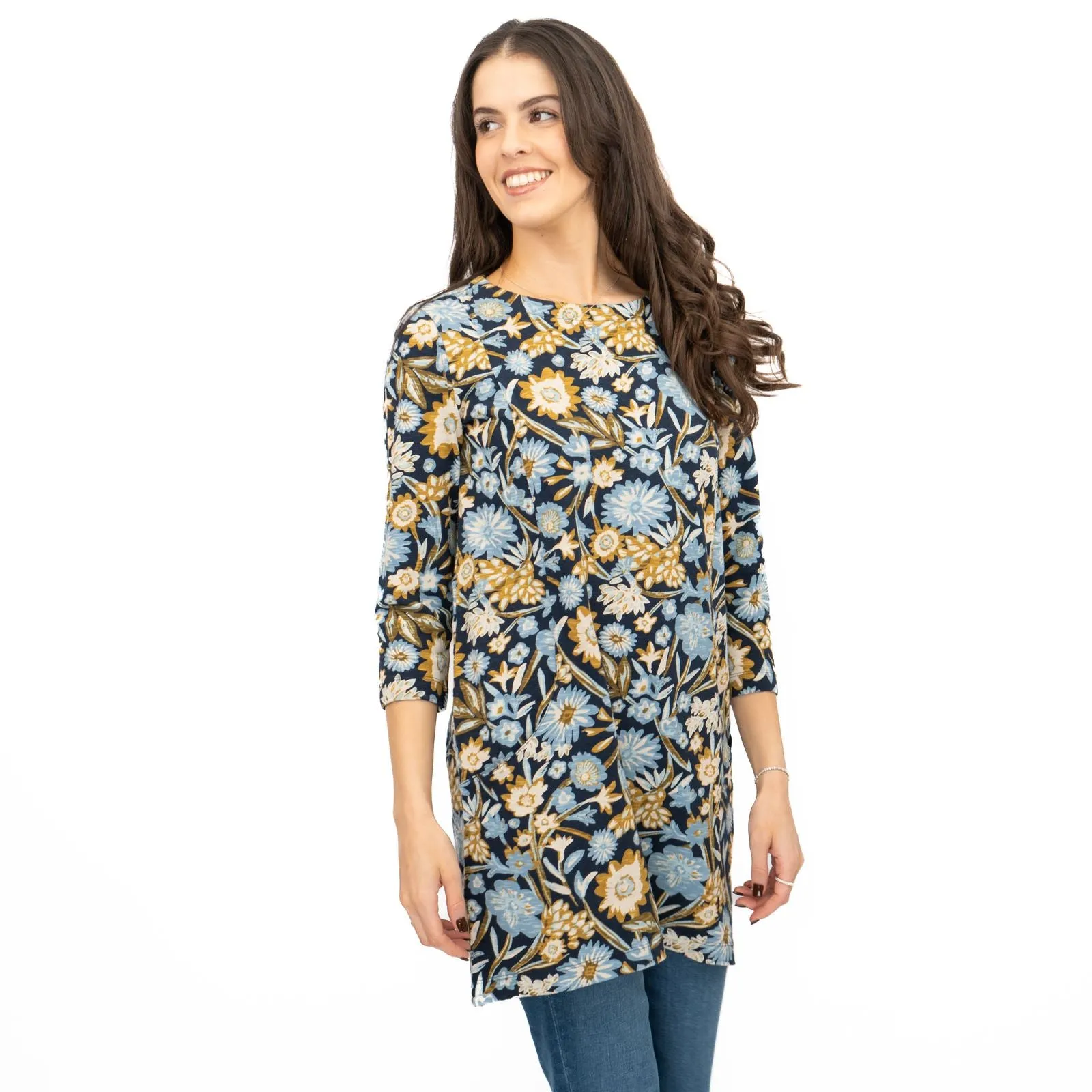 Seasalt Tunic Navy Shore Foraging Longline Top Cotton 3/4 Sleeve
