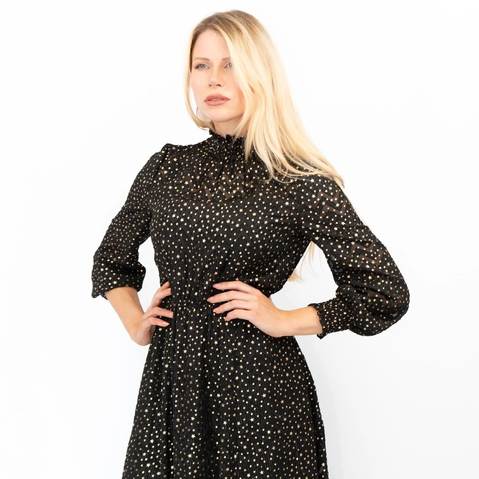 TED BAKER Elsiie Black Gold Star Midi Dress