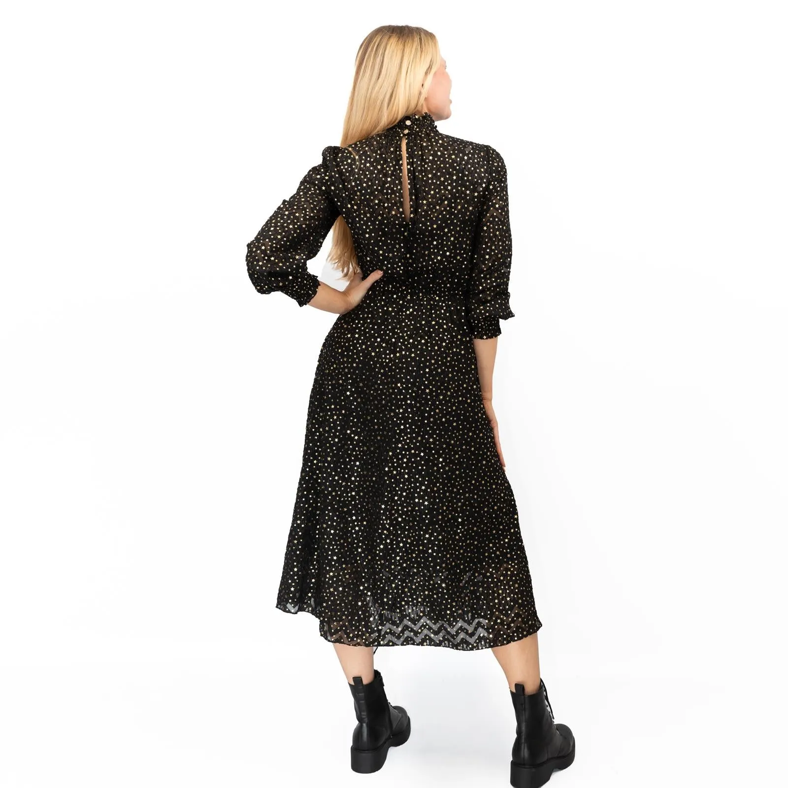 TED BAKER Elsiie Black Gold Star Midi Dress