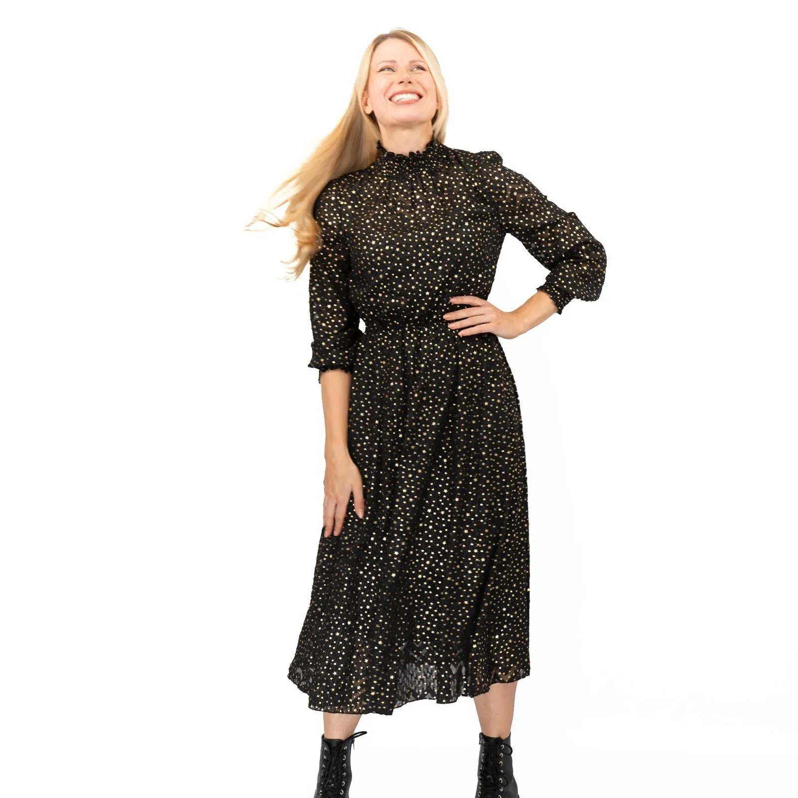 TED BAKER Elsiie Black Gold Star Midi Dress