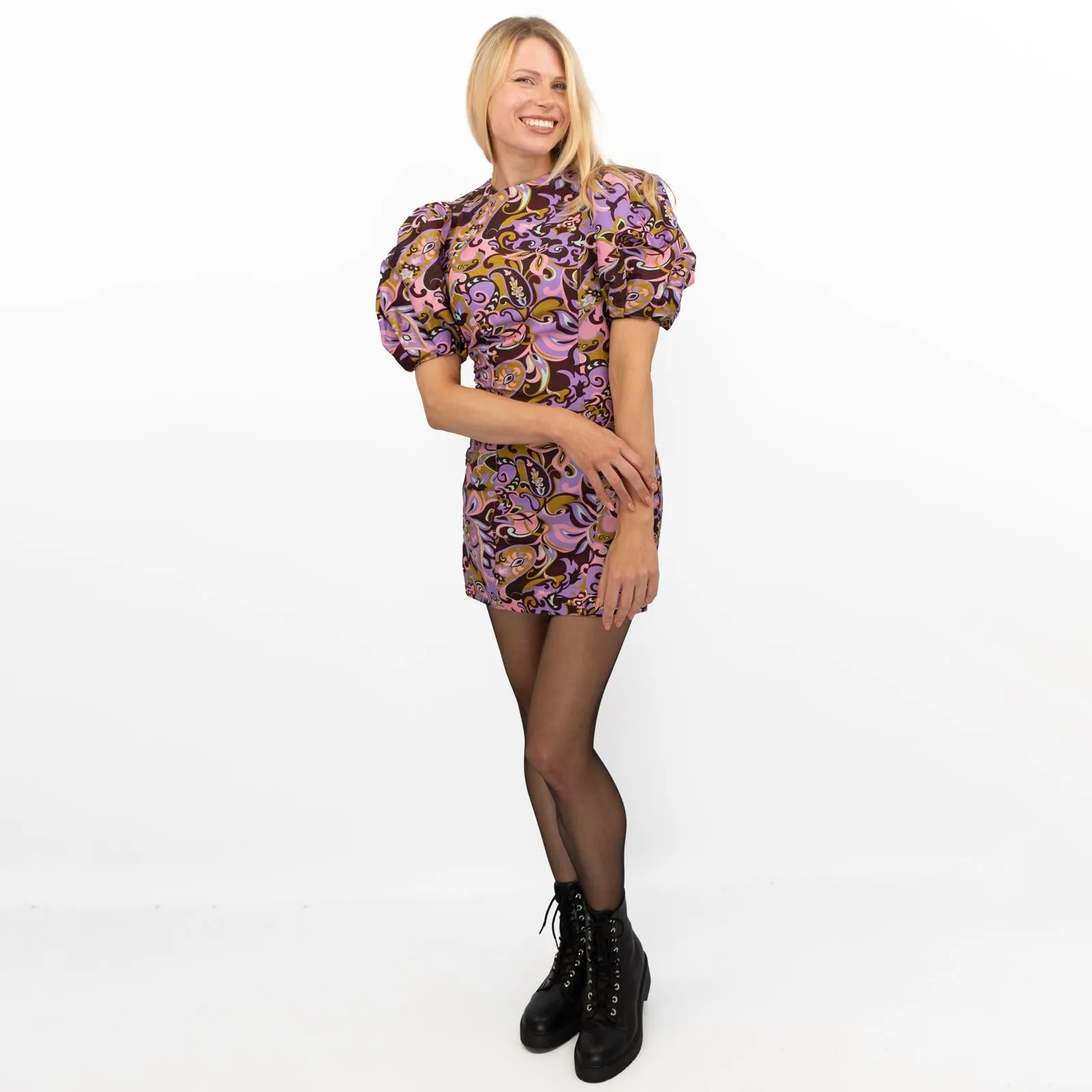TED BAKER Short Puff Sleeve Pink Paisley Print Mini Dress