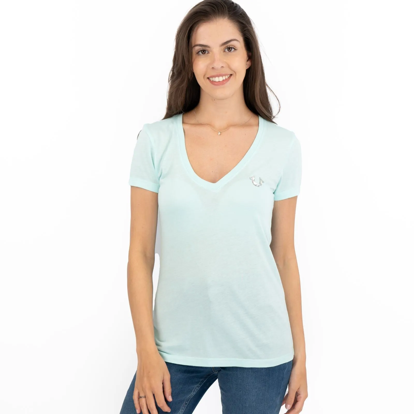 True Religion Light Blue T-Shirt Cotton Short Sleeve Lightweight V-Neck Summer Tops