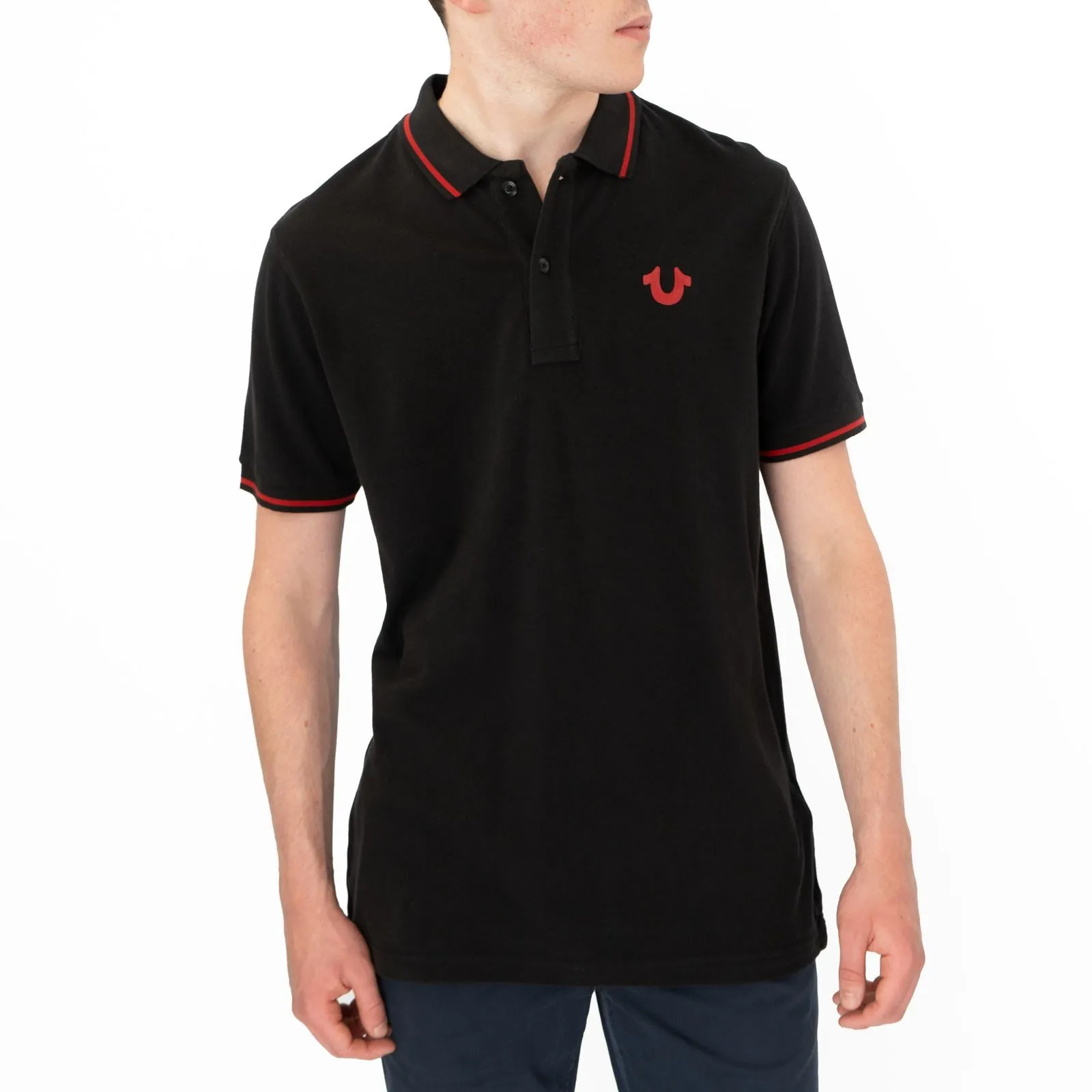True Religion Men Black Polo Shirt Short Sleeve Lightweight Button-Up Summer Tops
