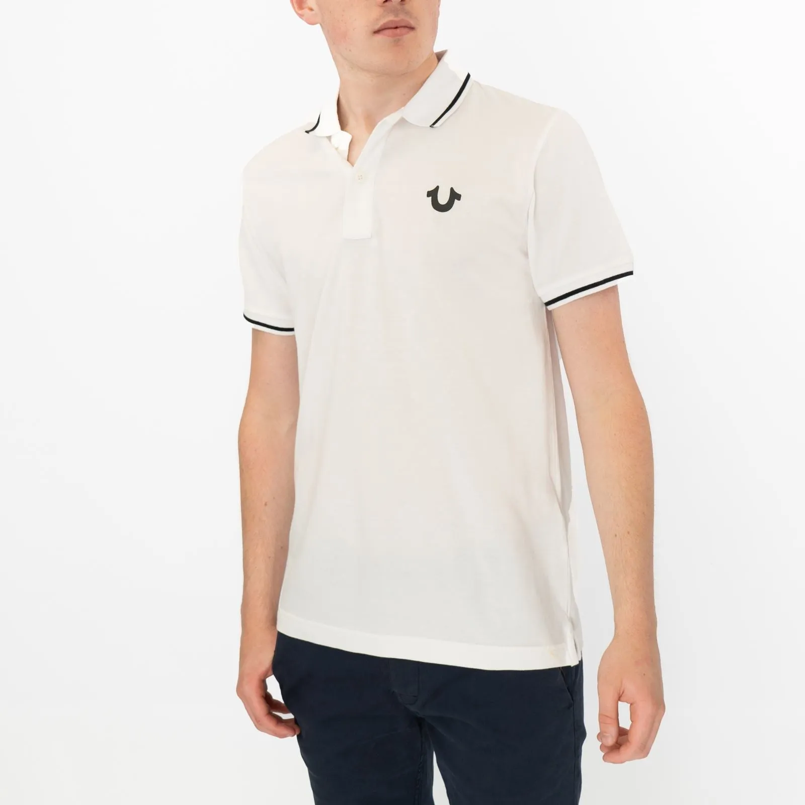 True Religion Men White Polo Shirt Short Sleeve Lightweight Button-Up Summer Tops