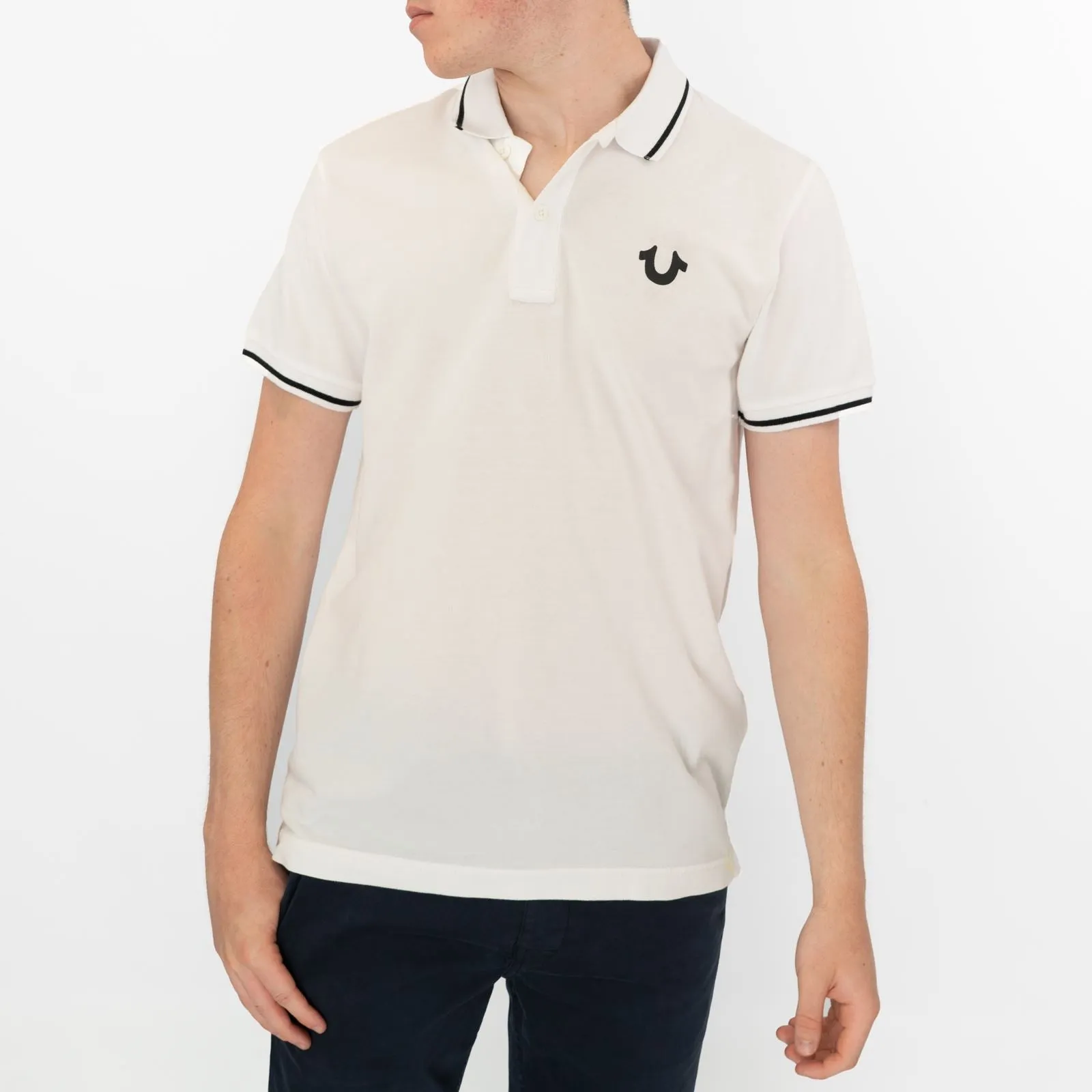True Religion Men White Polo Shirt Short Sleeve Lightweight Button-Up Summer Tops