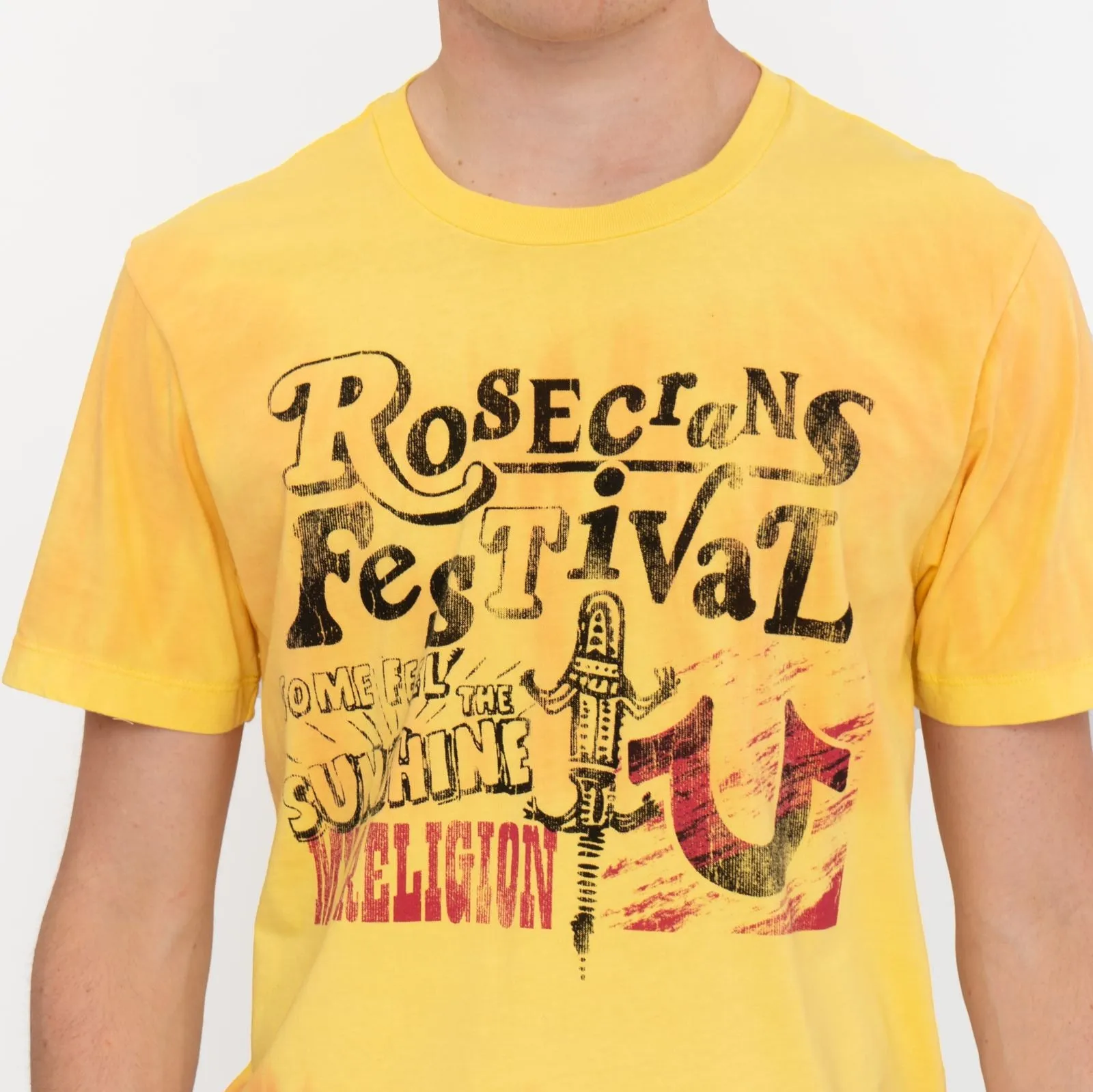 True Religion Men Yellow Tie Dye T-Shirt Graphic Print Short Sleeve Tops