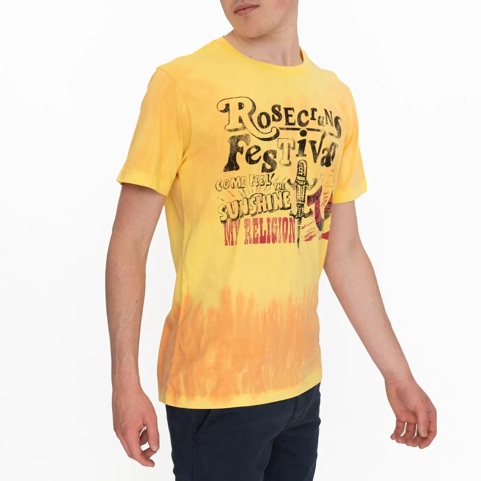 True Religion Men Yellow Tie Dye T-Shirt Graphic Print Short Sleeve Tops