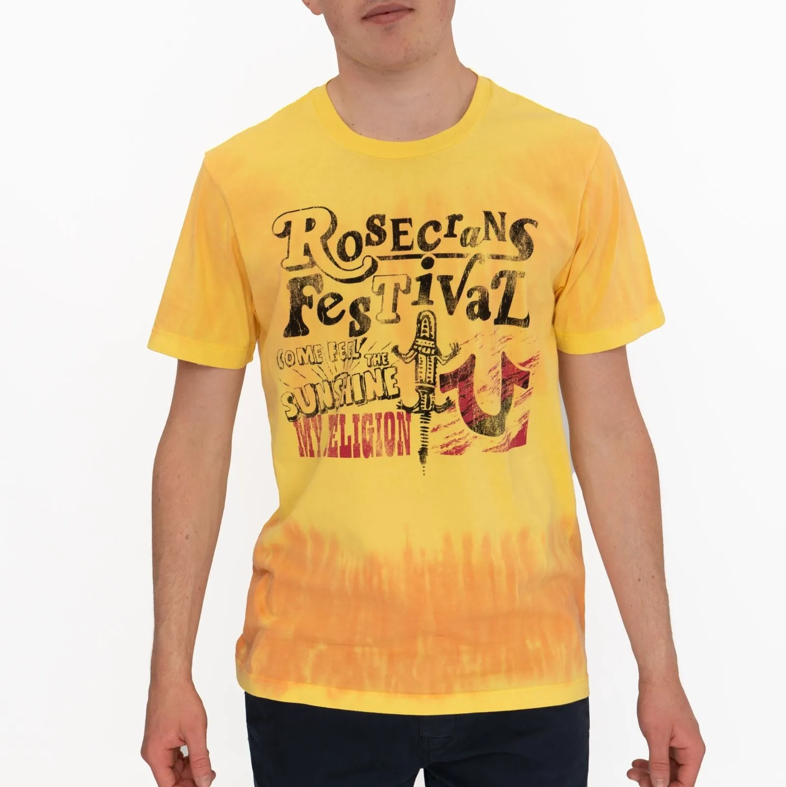 True Religion Men Yellow Tie Dye T-Shirt Graphic Print Short Sleeve Tops