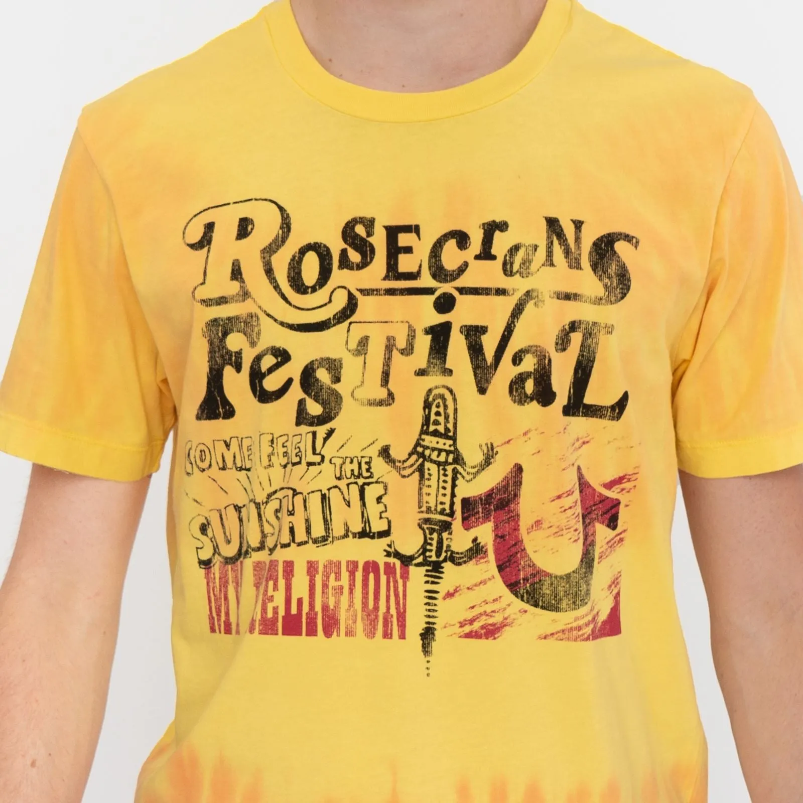 True Religion Men Yellow Tie Dye T-Shirt Graphic Print Short Sleeve Tops