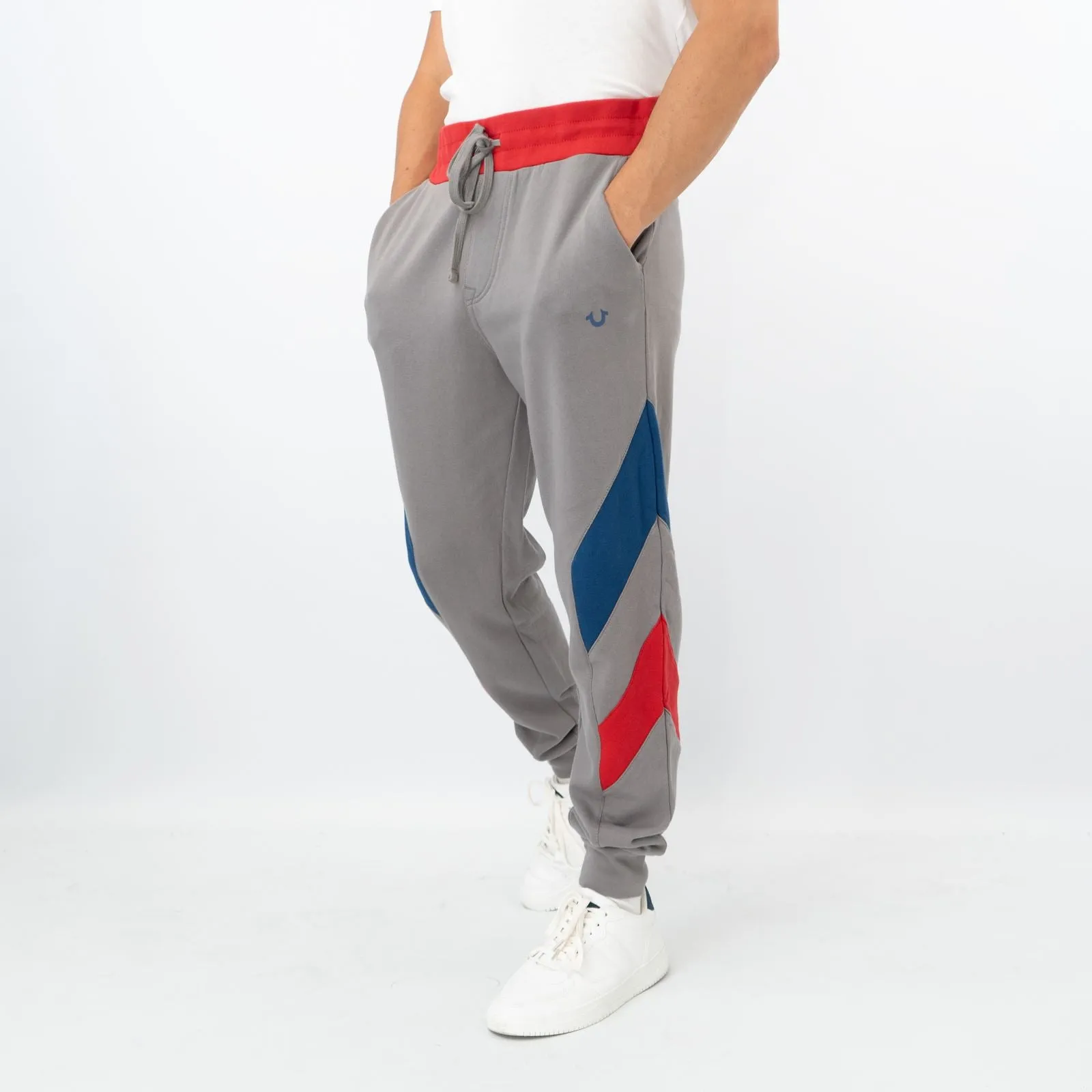 True Religion Mens Grey Chevron Panel Logo Jogger Sweatpants