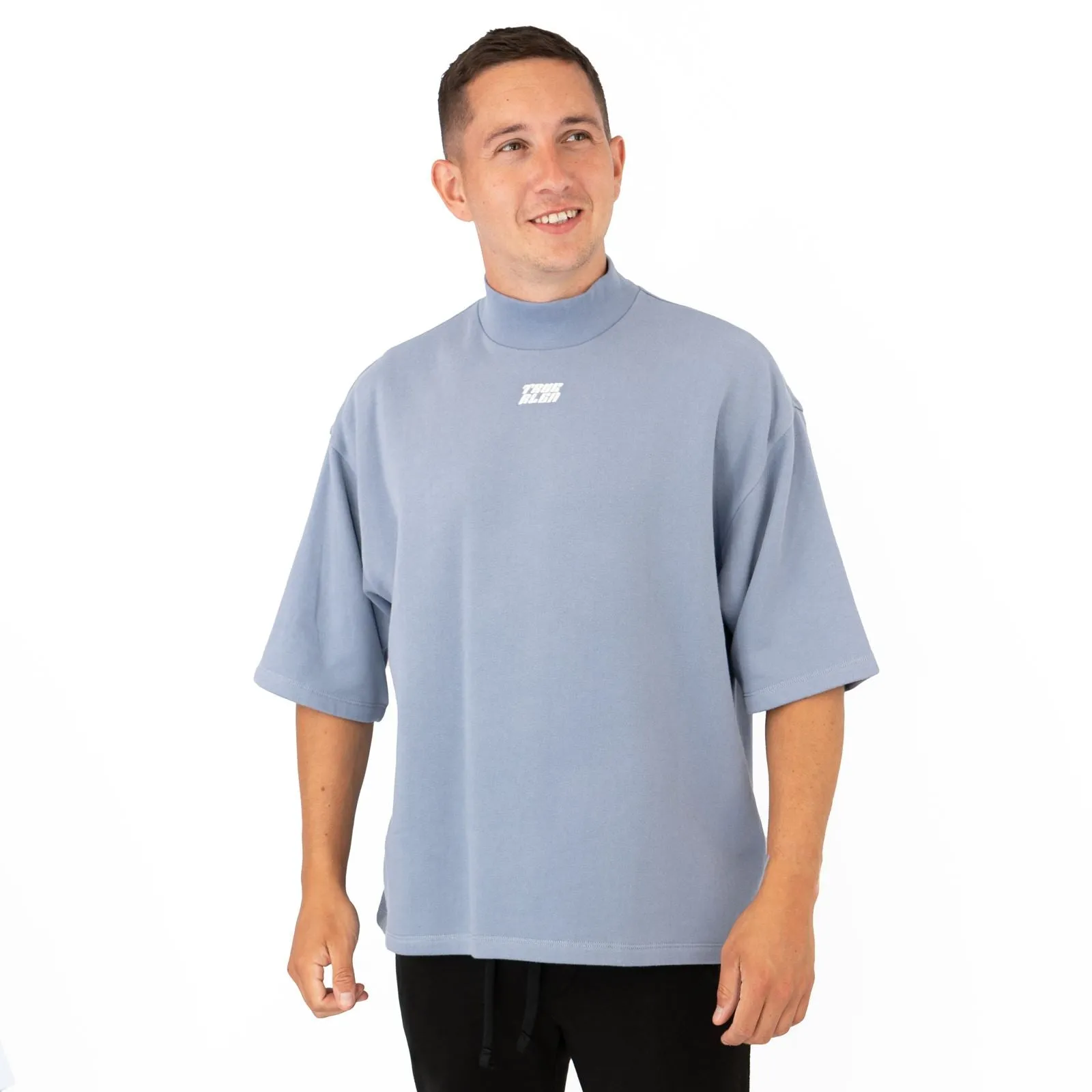 True Religion Mens High Neck Blue Short Sleeve Top
