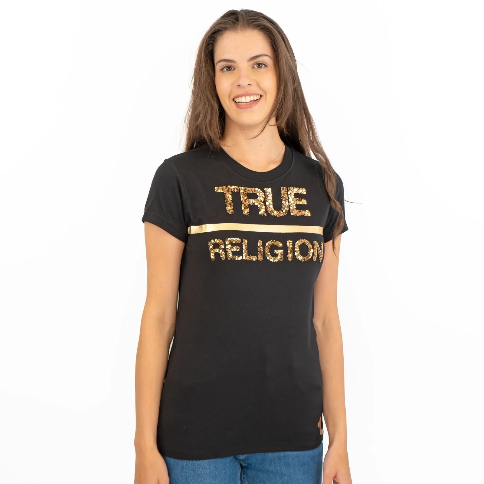 True Religion Womens Top Sequin Black Gold