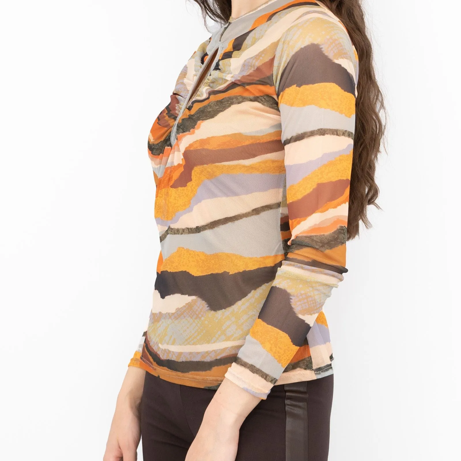 Warehouse Brown Abstract Print Keyhole Long Sleeve Mesh Tops