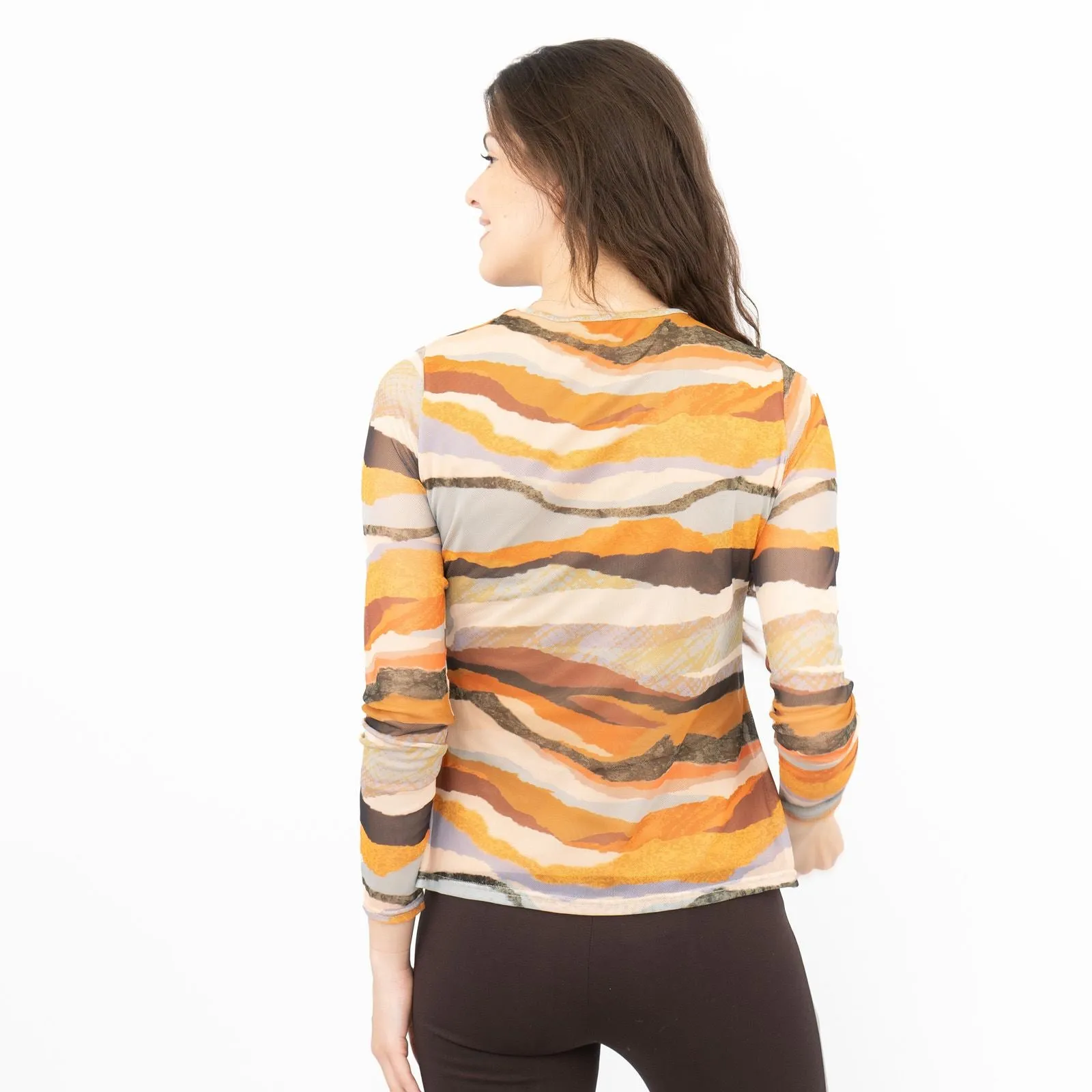 Warehouse Brown Abstract Print Keyhole Long Sleeve Mesh Tops