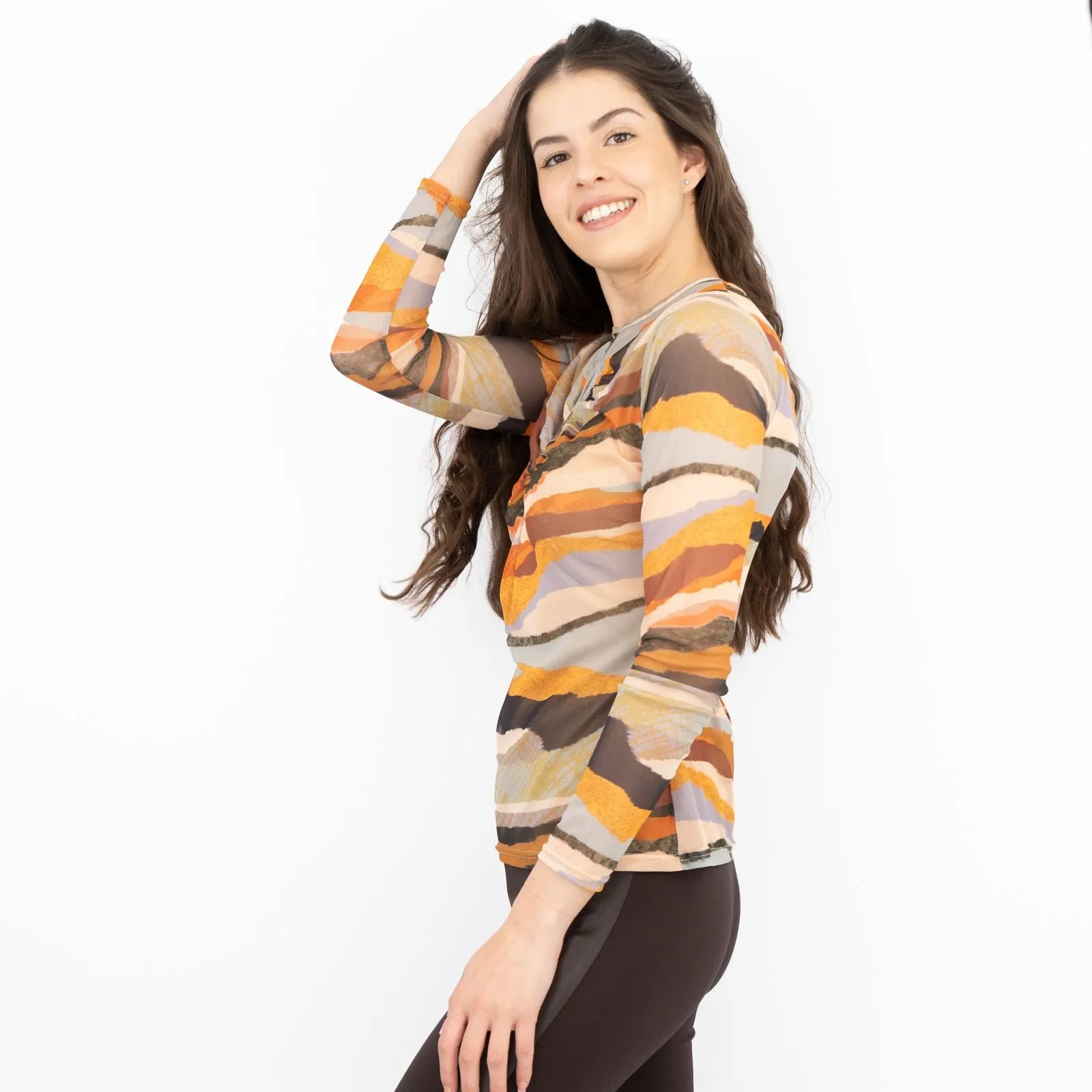 Warehouse Brown Abstract Print Keyhole Long Sleeve Mesh Tops