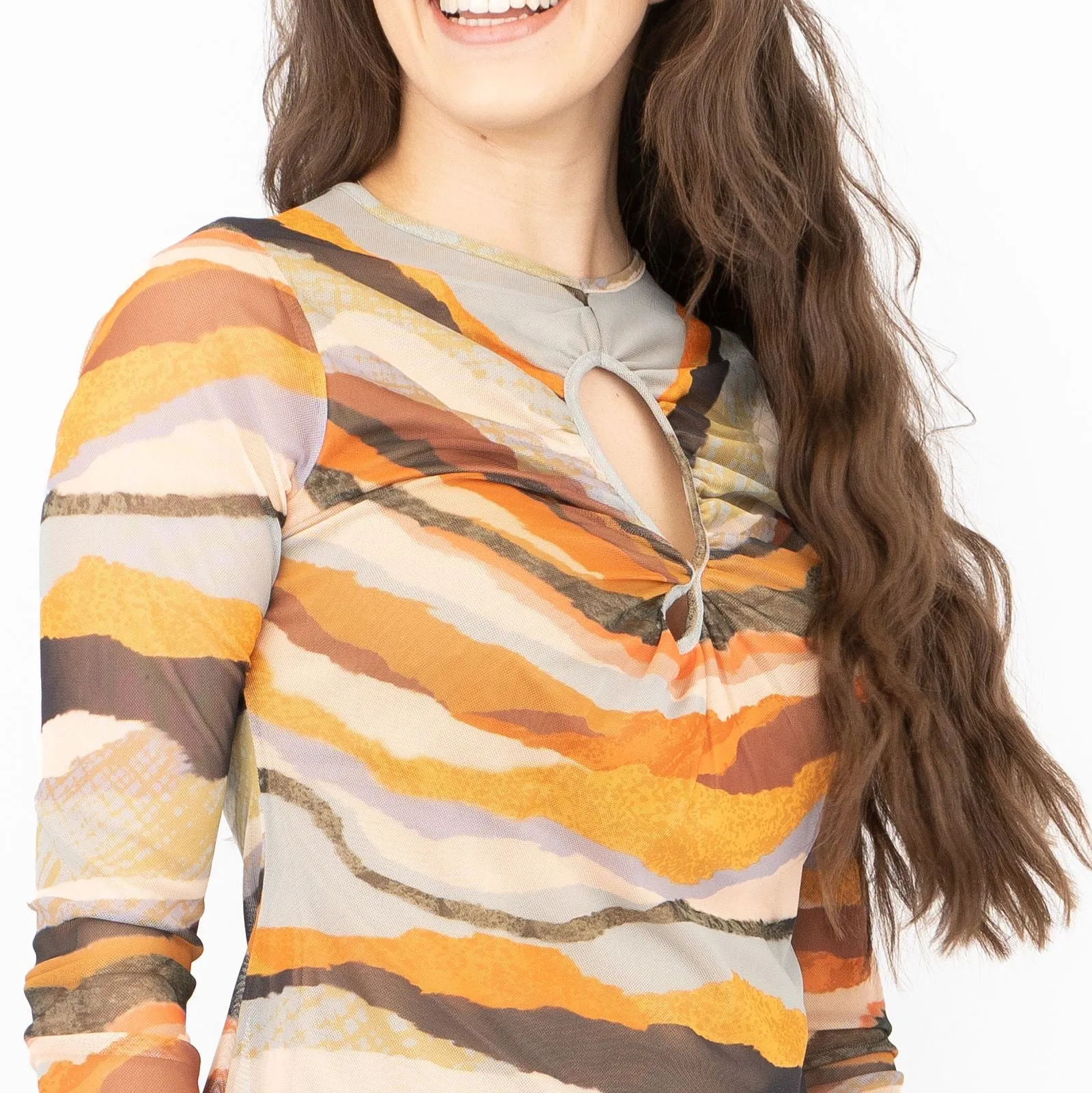 Warehouse Brown Abstract Print Keyhole Long Sleeve Mesh Tops