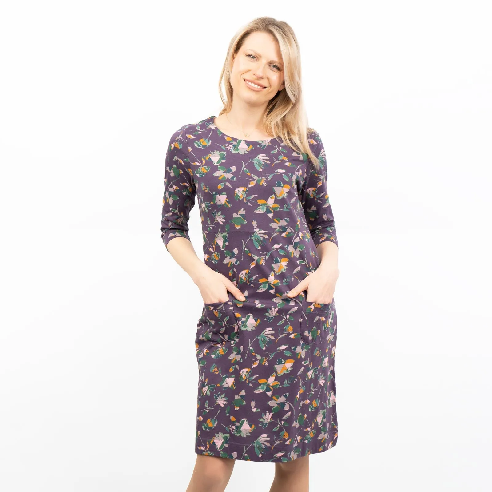 Weird Fish Starshine Purple Floral 3/4 Sleeve Jersey Dress