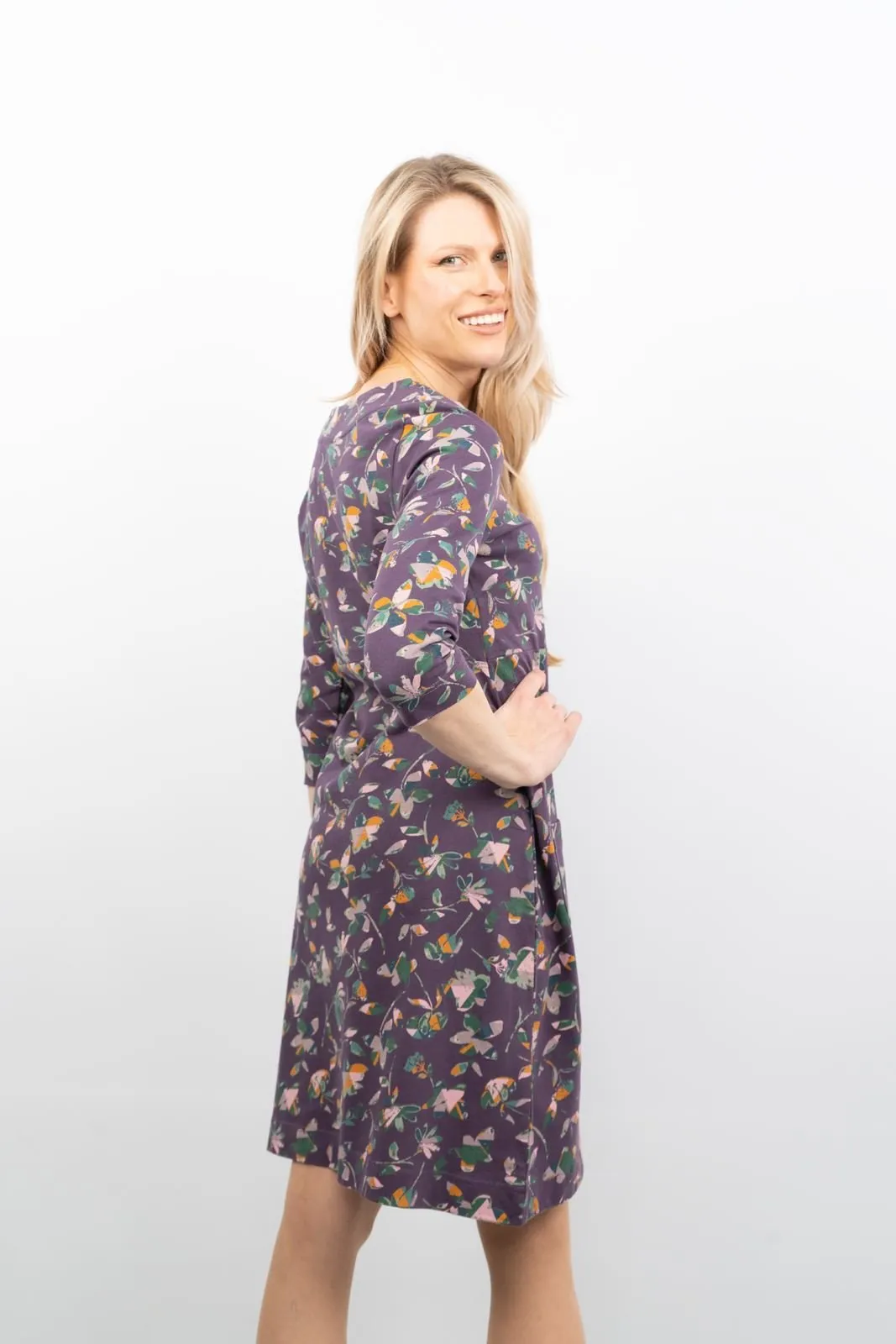 Weird Fish Starshine Purple Floral 3/4 Sleeve Jersey Dress