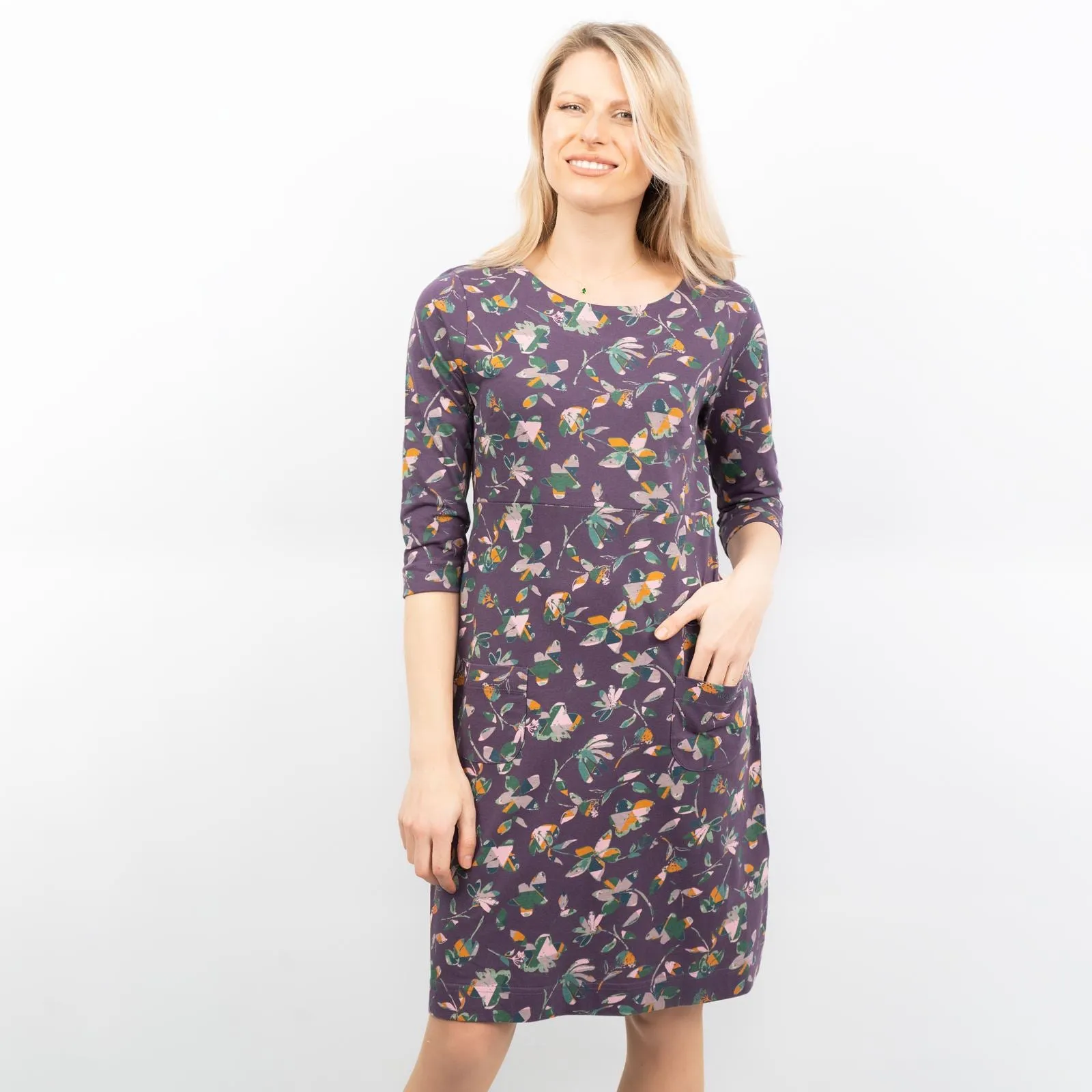 Weird Fish Starshine Purple Floral 3/4 Sleeve Jersey Dress