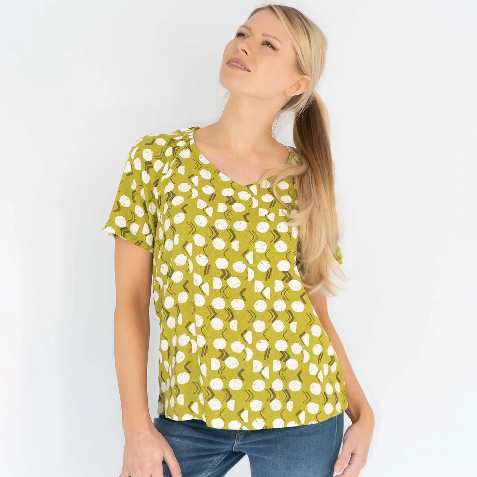 White Stuff Amora Limestone Print Green Short Sleeve Top