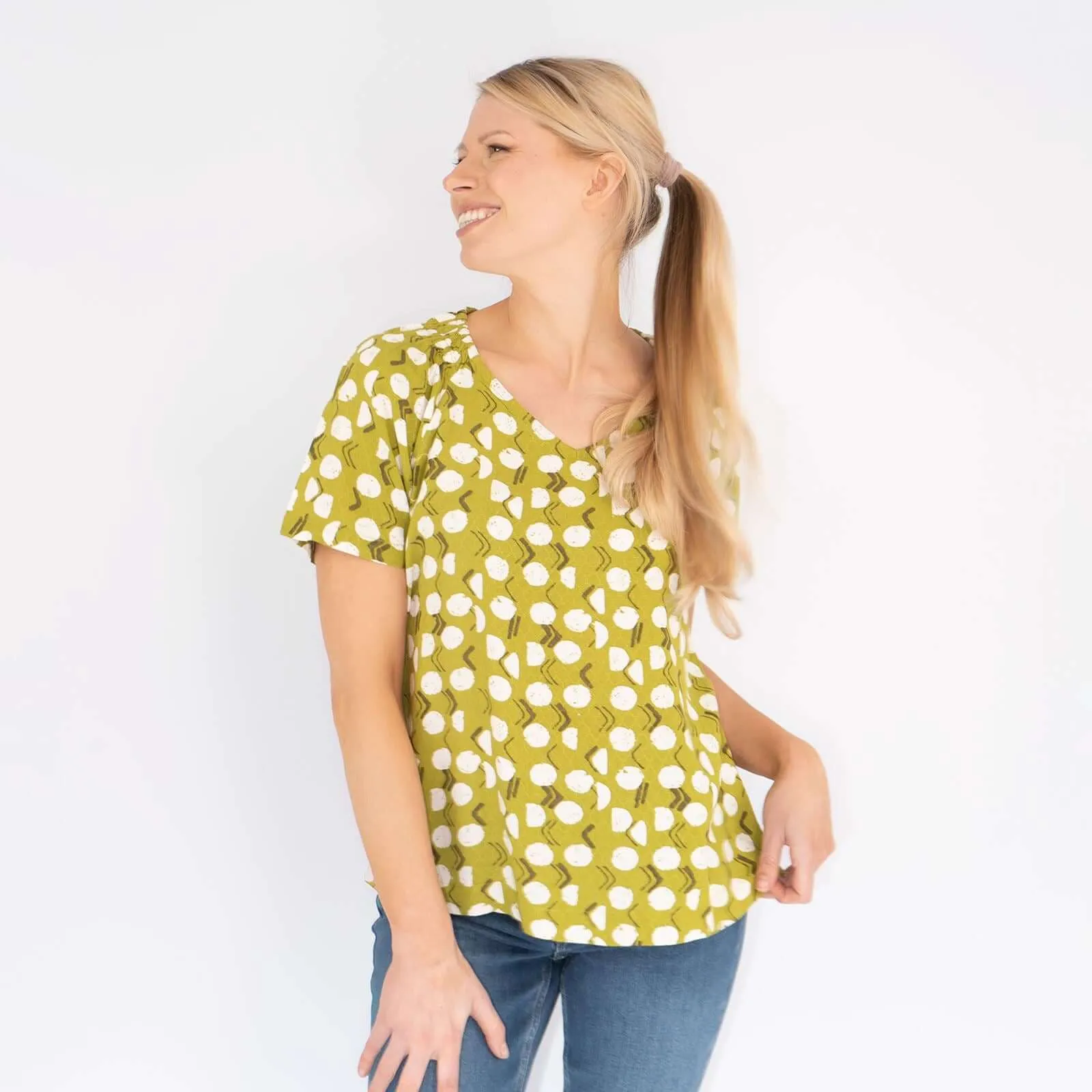 White Stuff Amora Limestone Print Green Short Sleeve Top