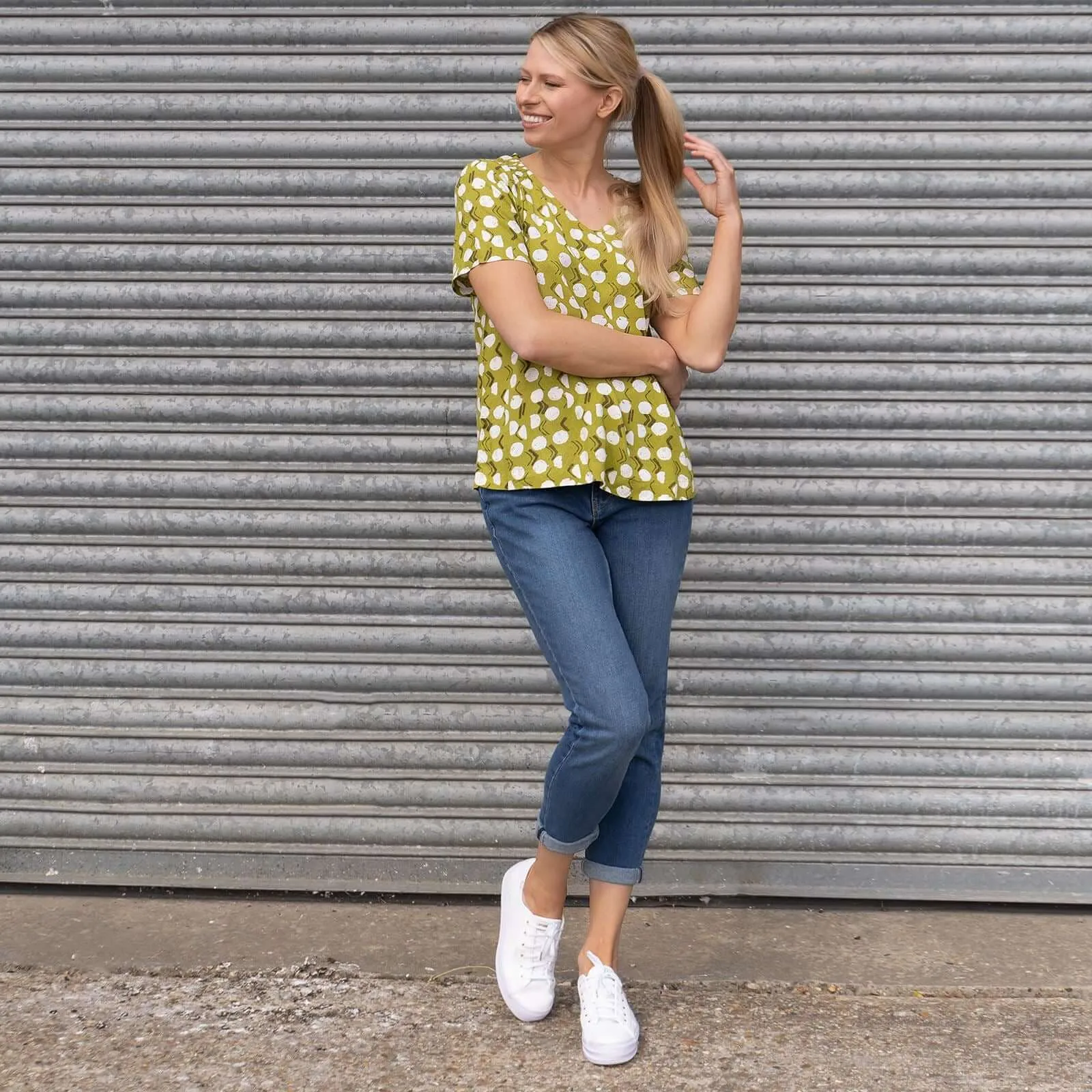 White Stuff Amora Limestone Print Green Short Sleeve Top
