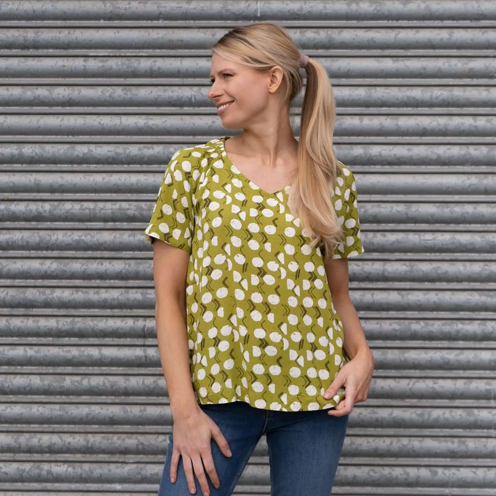 White Stuff Amora Limestone Print Green Short Sleeve Top