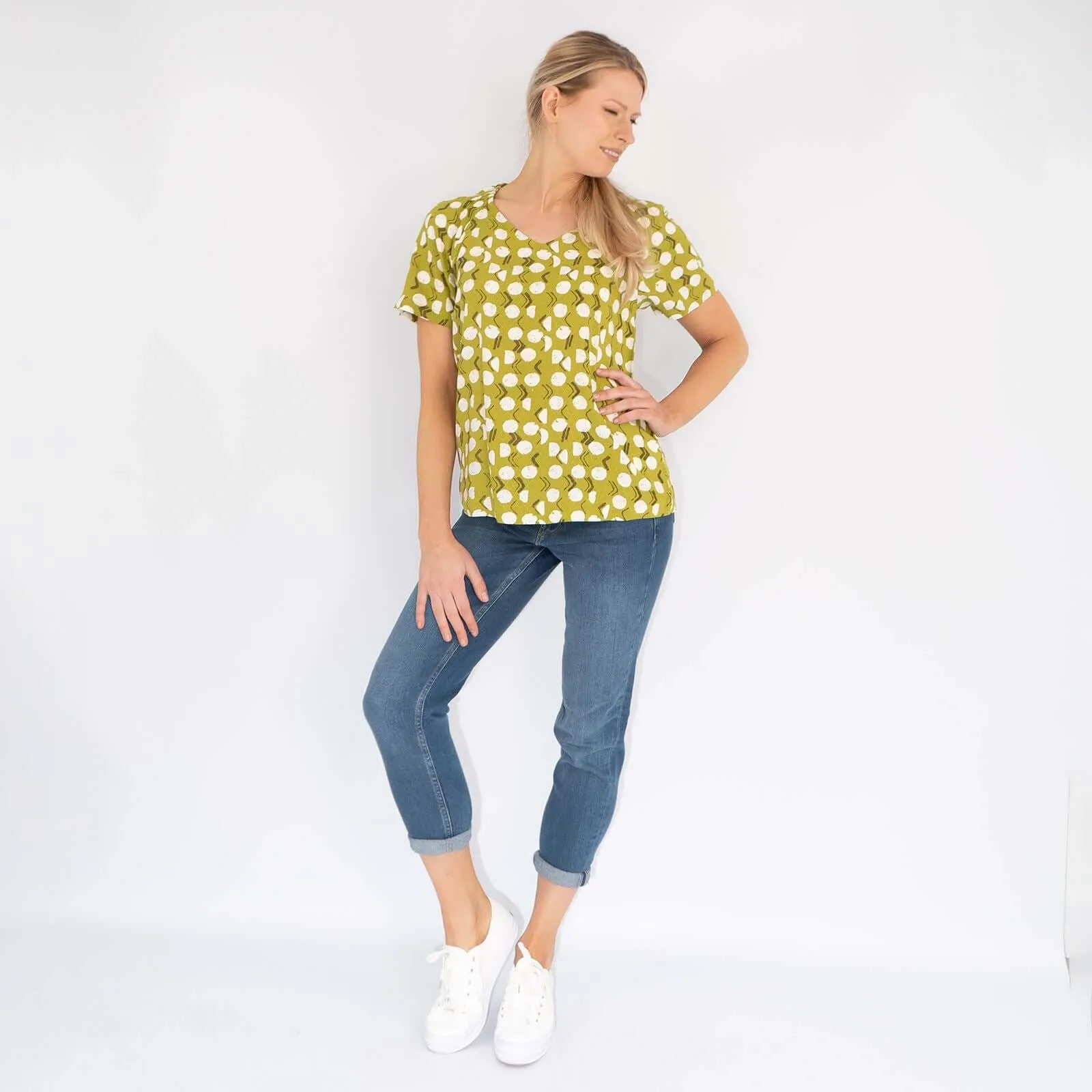 White Stuff Amora Limestone Print Green Short Sleeve Top