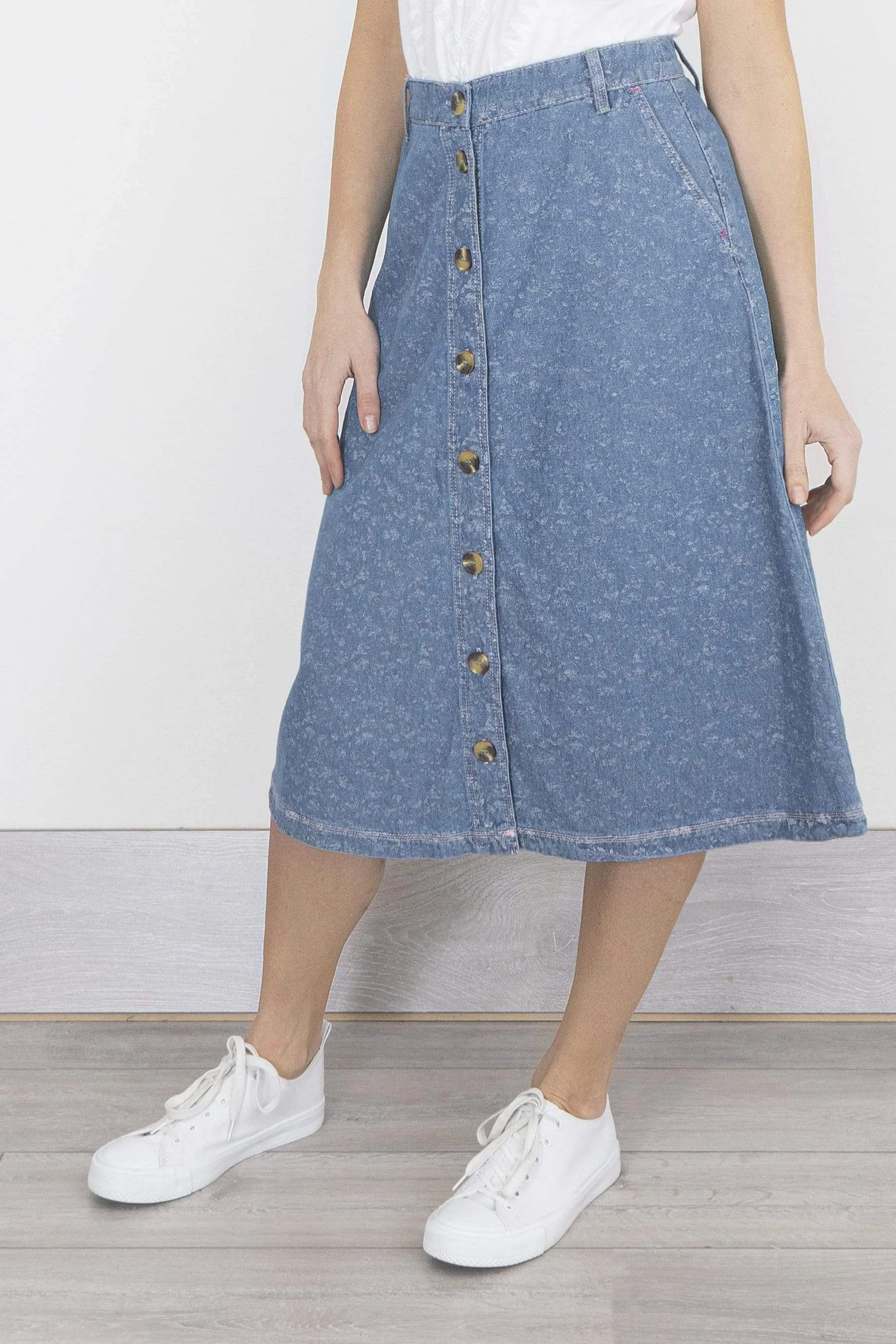 White Stuff Anya Blue Denim Button Midi Skirt