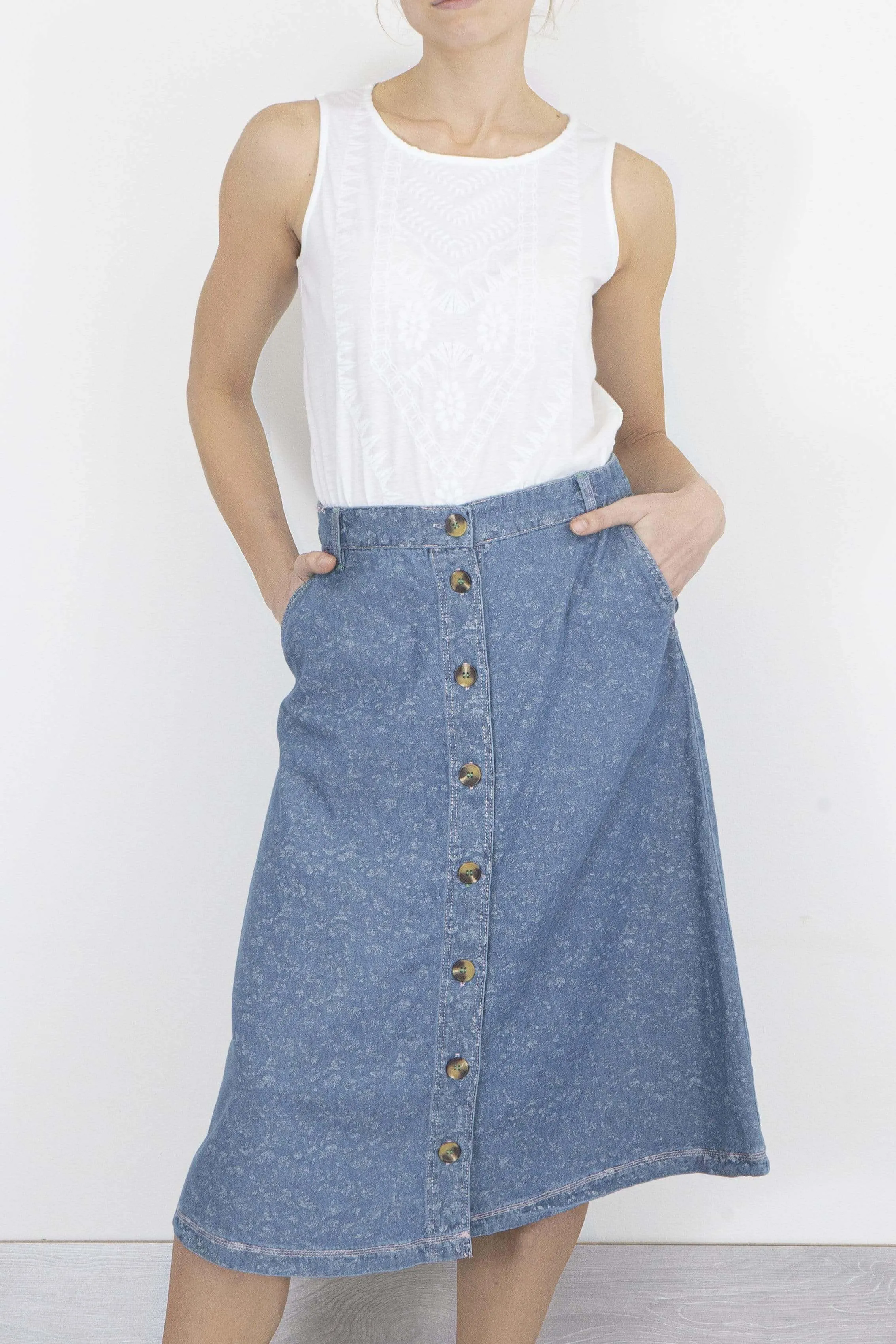 White Stuff Anya Blue Denim Button Midi Skirt