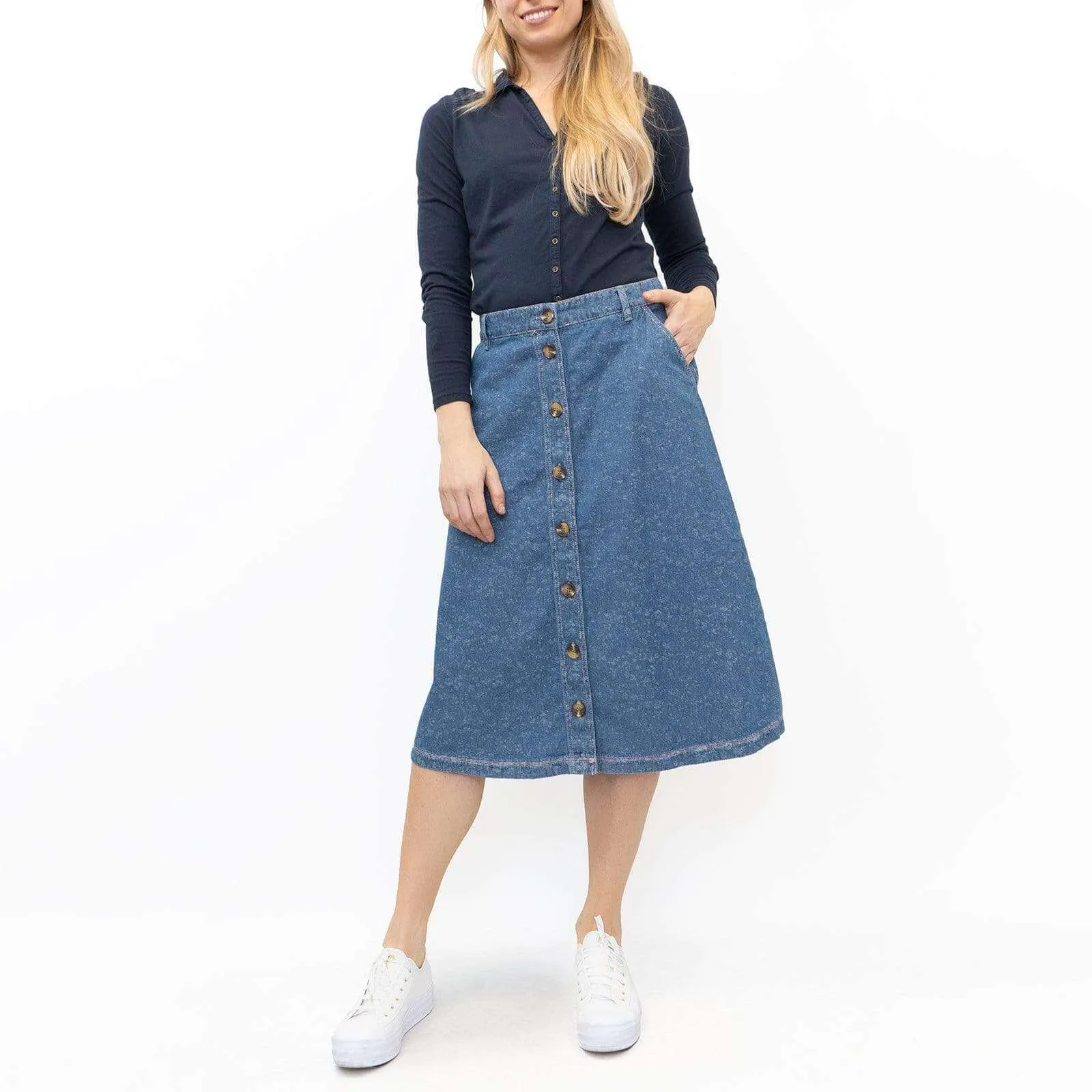 White Stuff Anya Blue Denim Button Midi Skirt