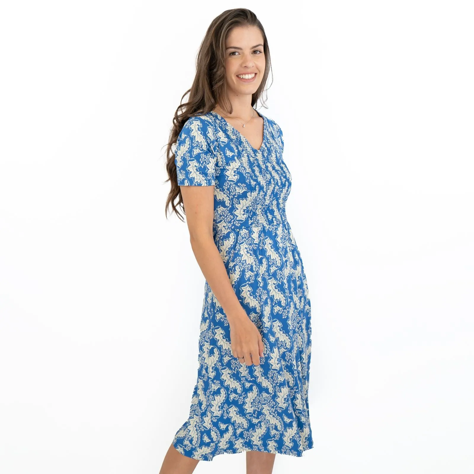 White Stuff Blue Leaves V-Neckline Short Sleeve Jersey Dress