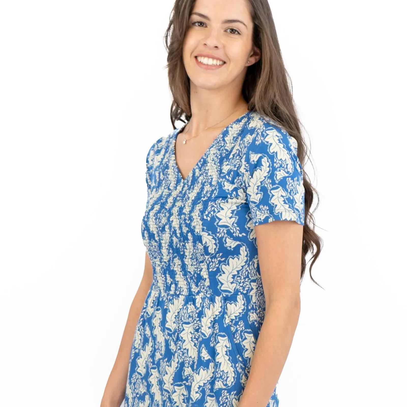 White Stuff Blue Leaves V-Neckline Short Sleeve Jersey Dress
