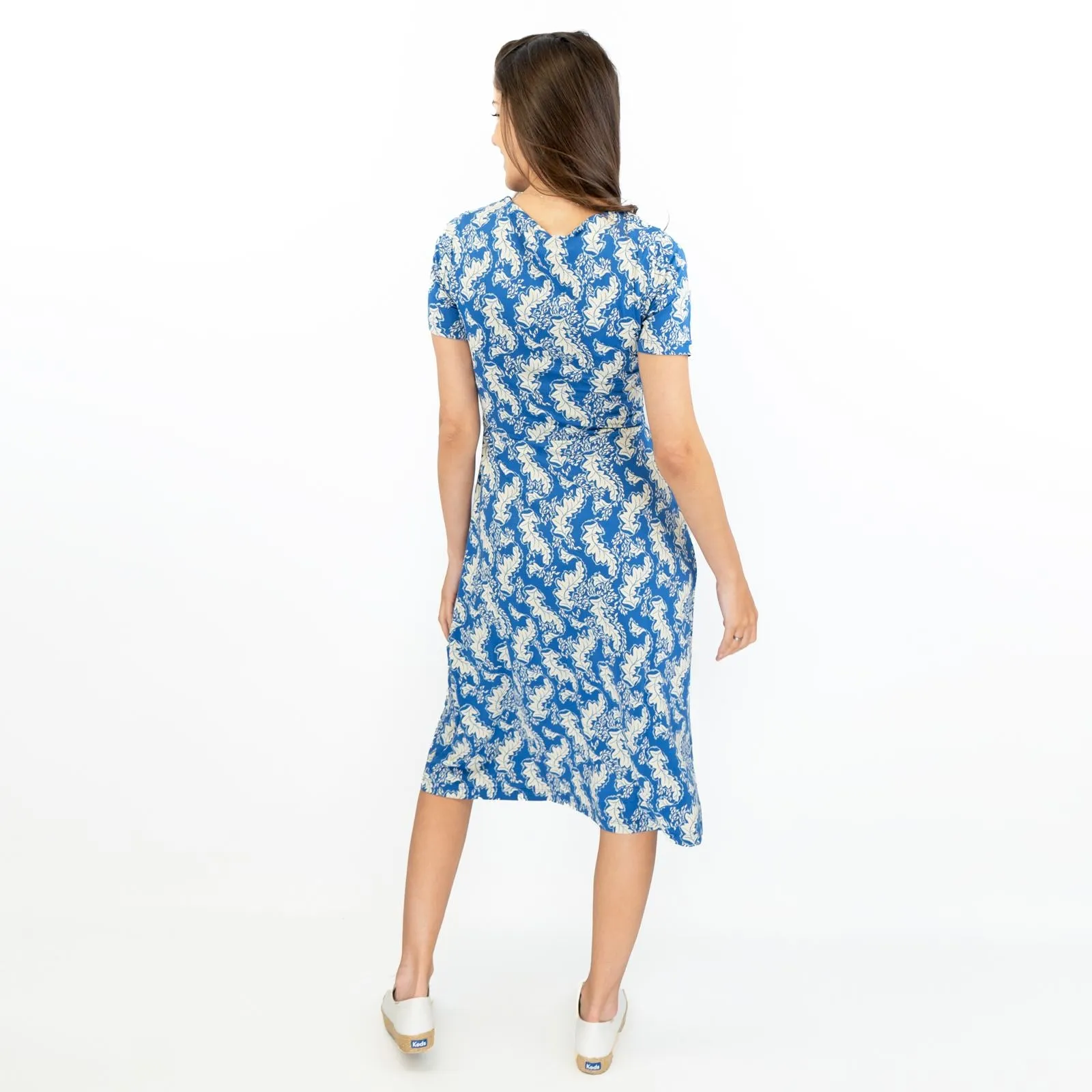 White Stuff Blue Leaves V-Neckline Short Sleeve Jersey Dress