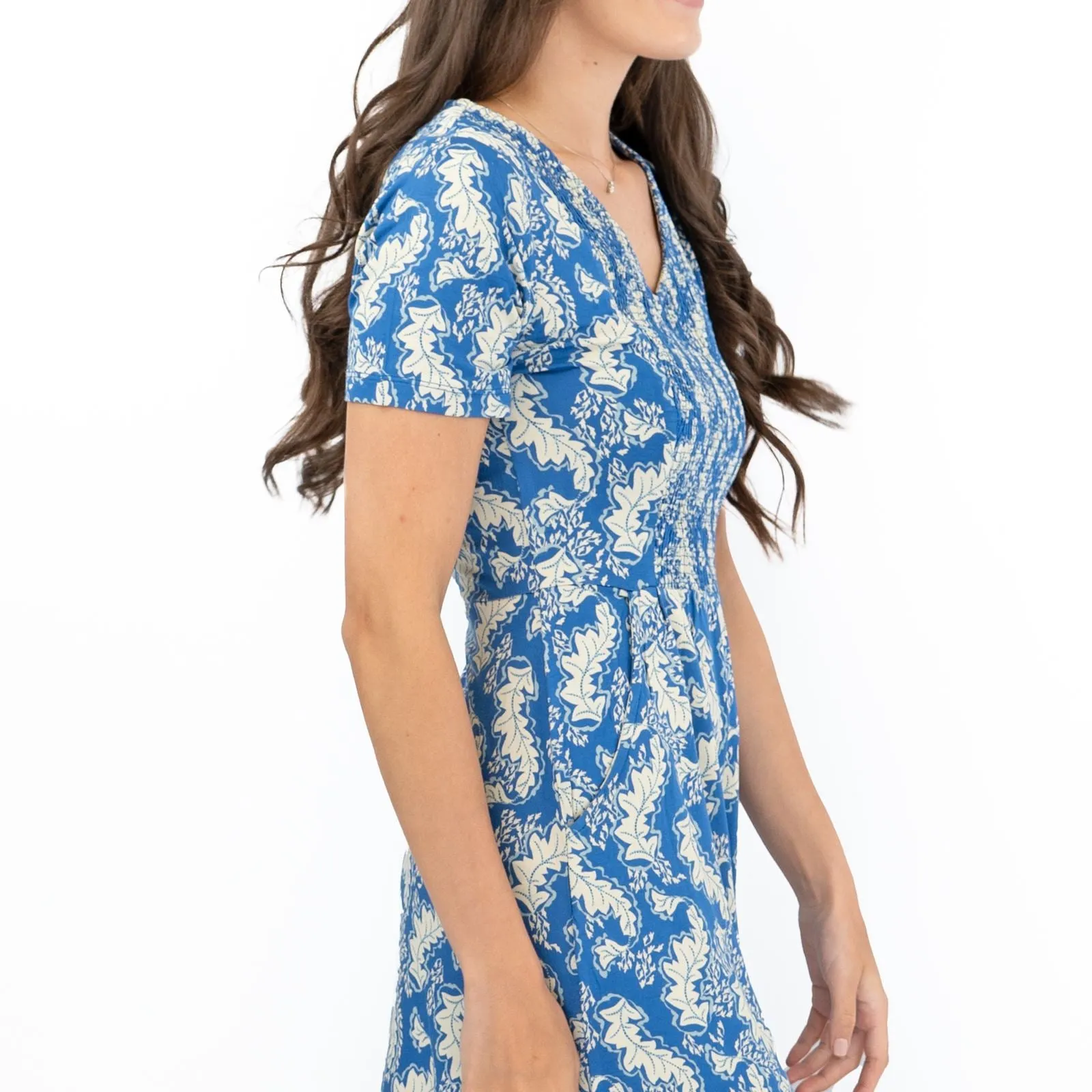 White Stuff Blue Leaves V-Neckline Short Sleeve Jersey Dress