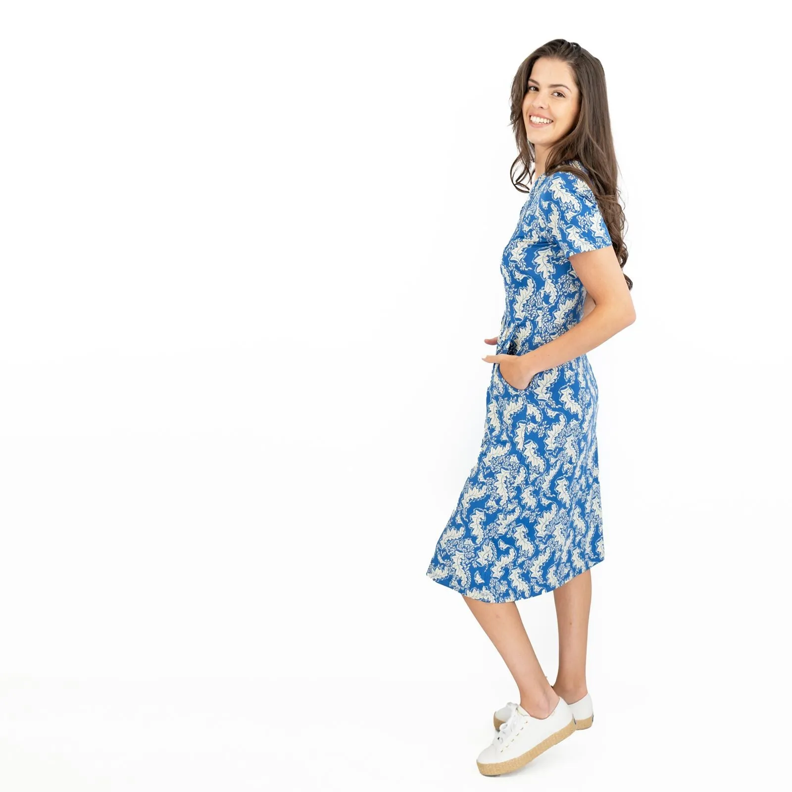 White Stuff Blue Leaves V-Neckline Short Sleeve Jersey Dress