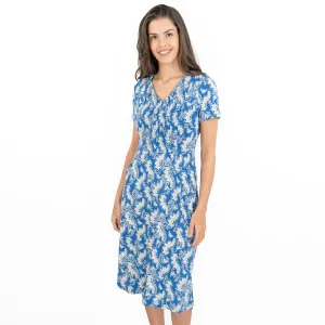 White Stuff Blue Leaves V-Neckline Short Sleeve Jersey Dress