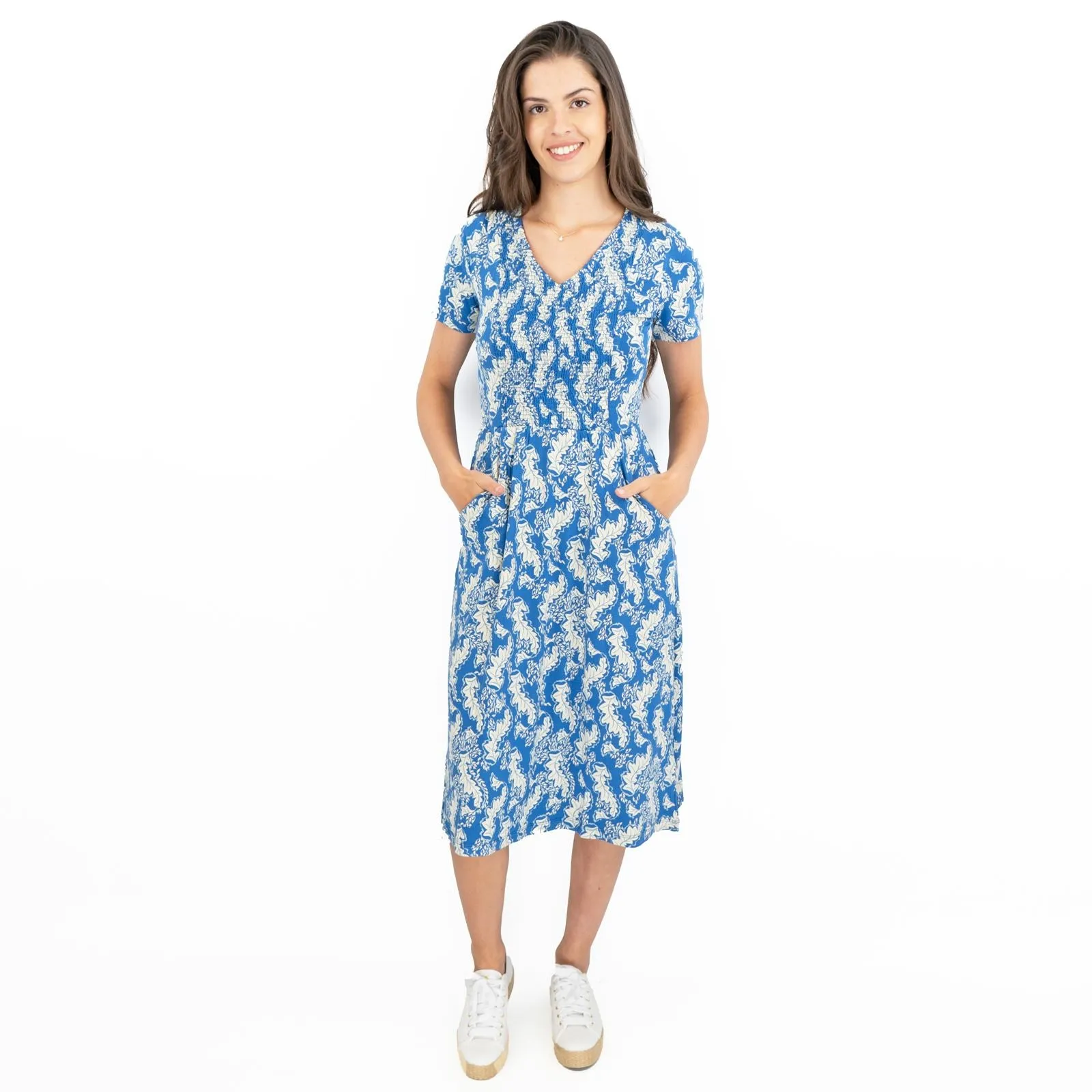 White Stuff Blue Leaves V-Neckline Short Sleeve Jersey Dress