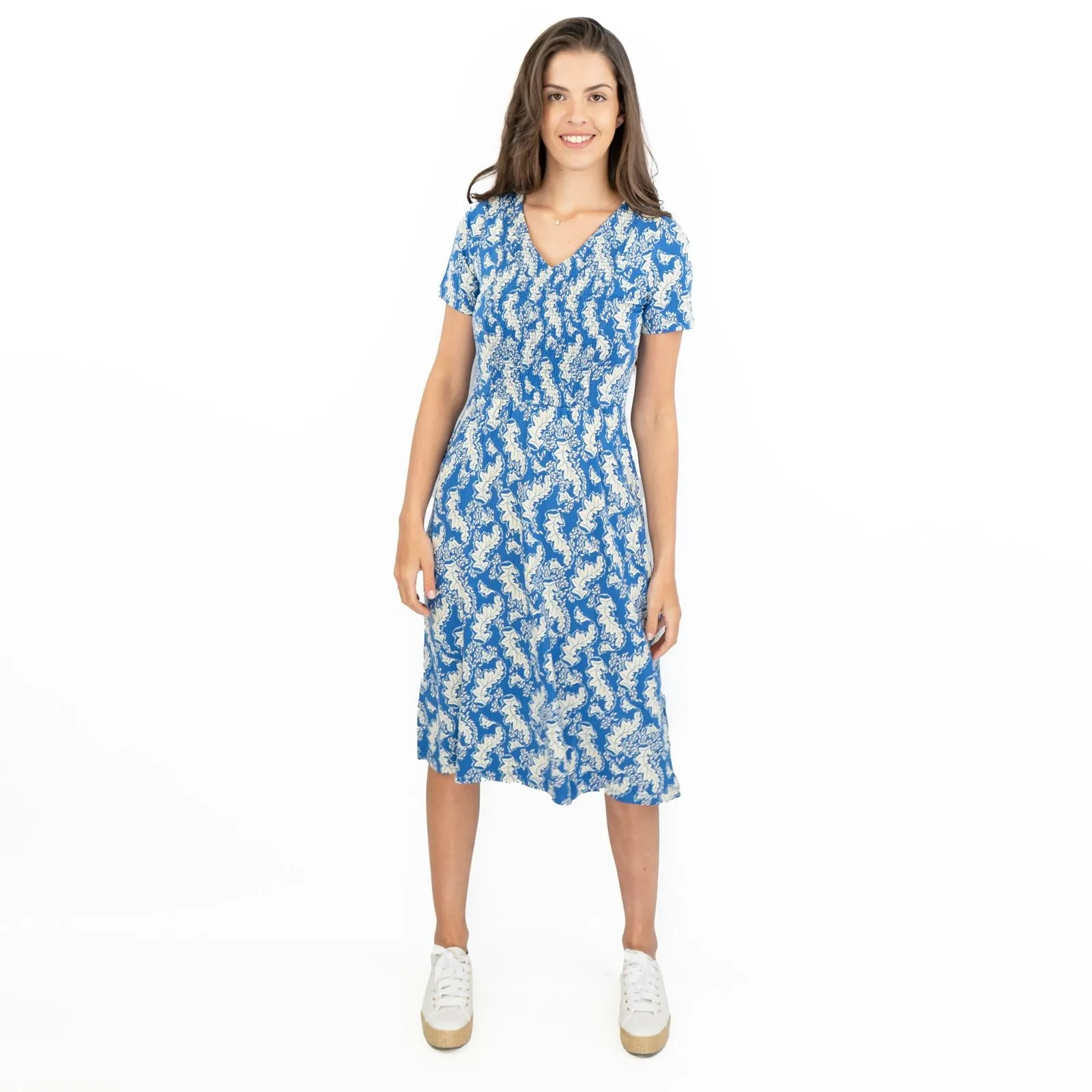 White Stuff Blue Leaves V-Neckline Short Sleeve Jersey Dress