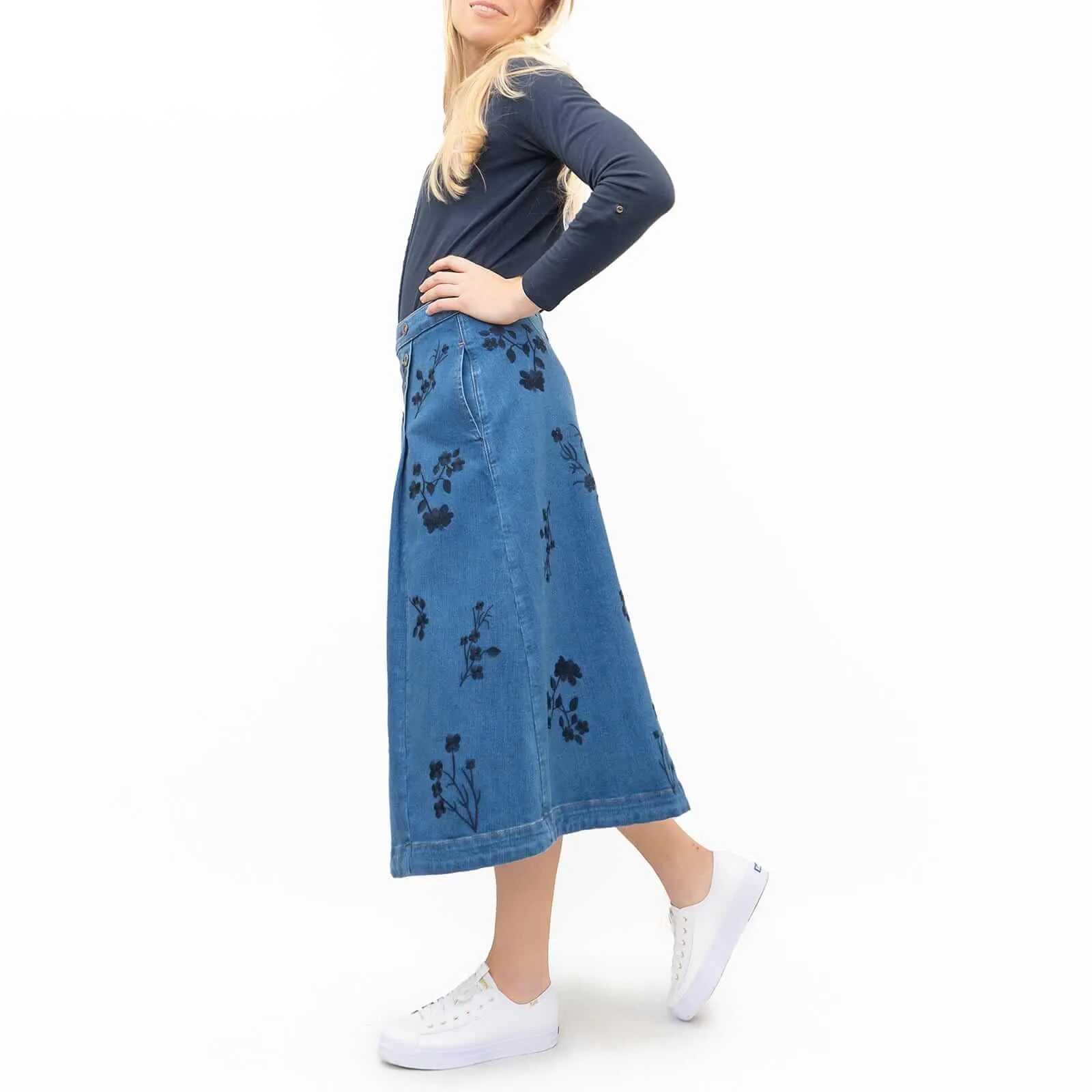 White Stuff Cardamom Embroidery Denim Midi Skirt